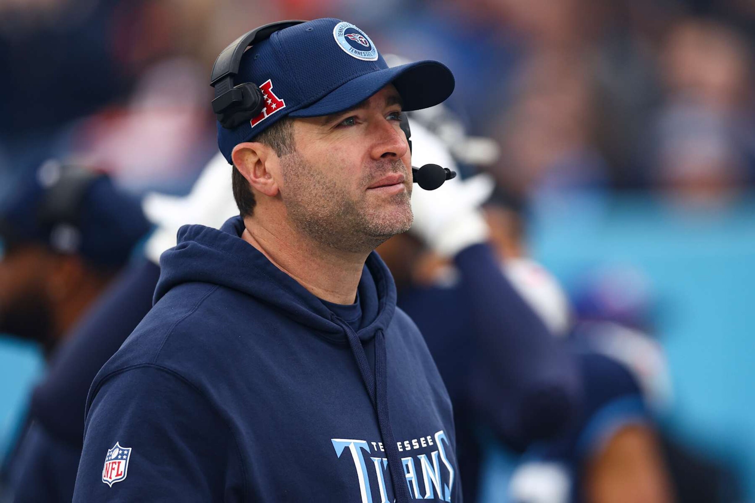 NASHVILLE, TENNESSEE - DECEMBER 15: Head coach Brian Callahan of the Tennessee Titans stands on the sidelines prior to an NFL football game against the Cincinnati Bengals at Nissan Stadium on December 15, 2024 in Nashville, Tennessee. (Photo by Kevin Sabitus/Getty Images)