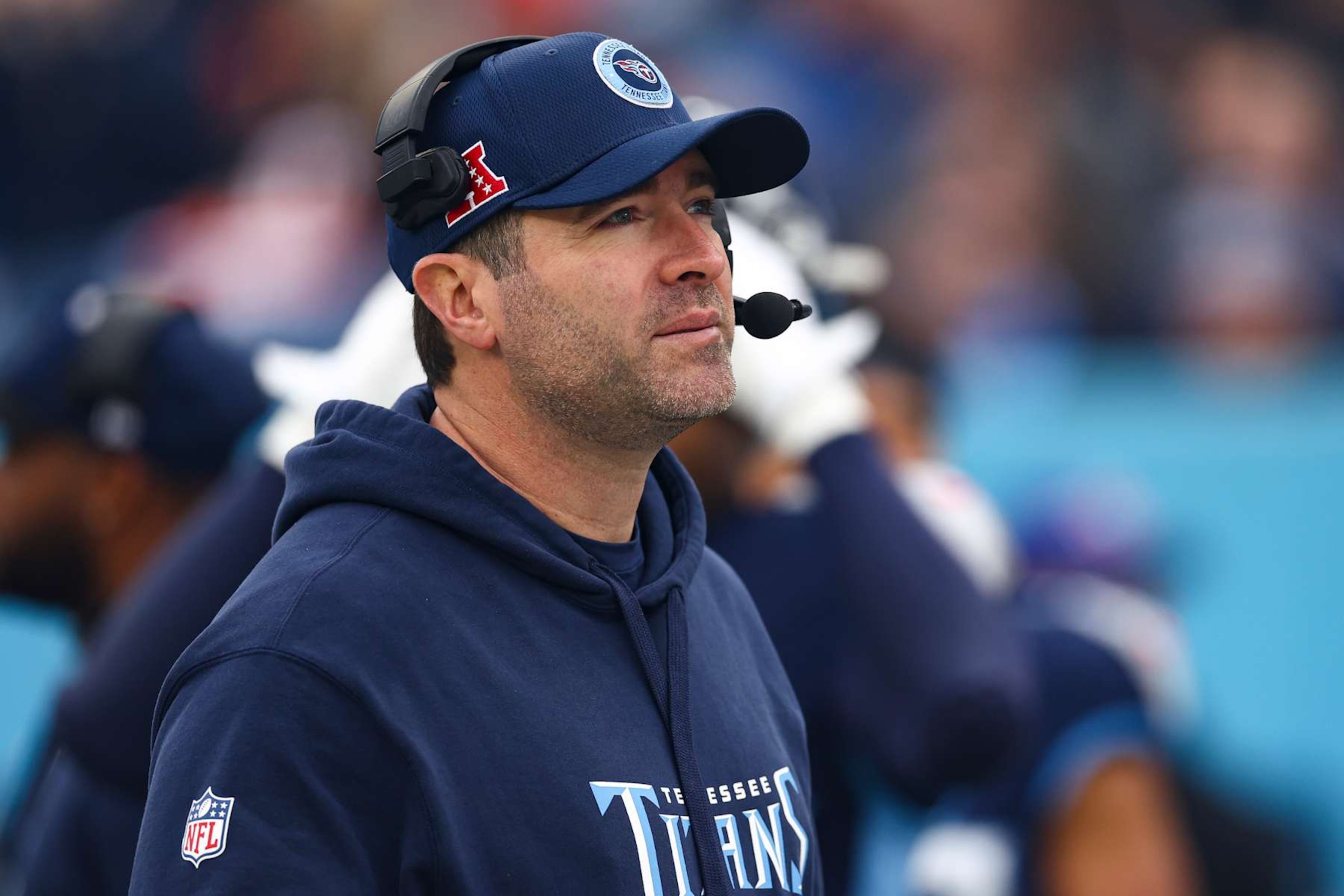 NASHVILLE, TENNESSEE - DECEMBER 15: Head coach Brian Callahan of the Tennessee Titans stands on the sidelines prior to an NFL football game against the Cincinnati Bengals at Nissan Stadium on December 15, 2024 in Nashville, Tennessee. (Photo by Kevin Sabitus/Getty Images)