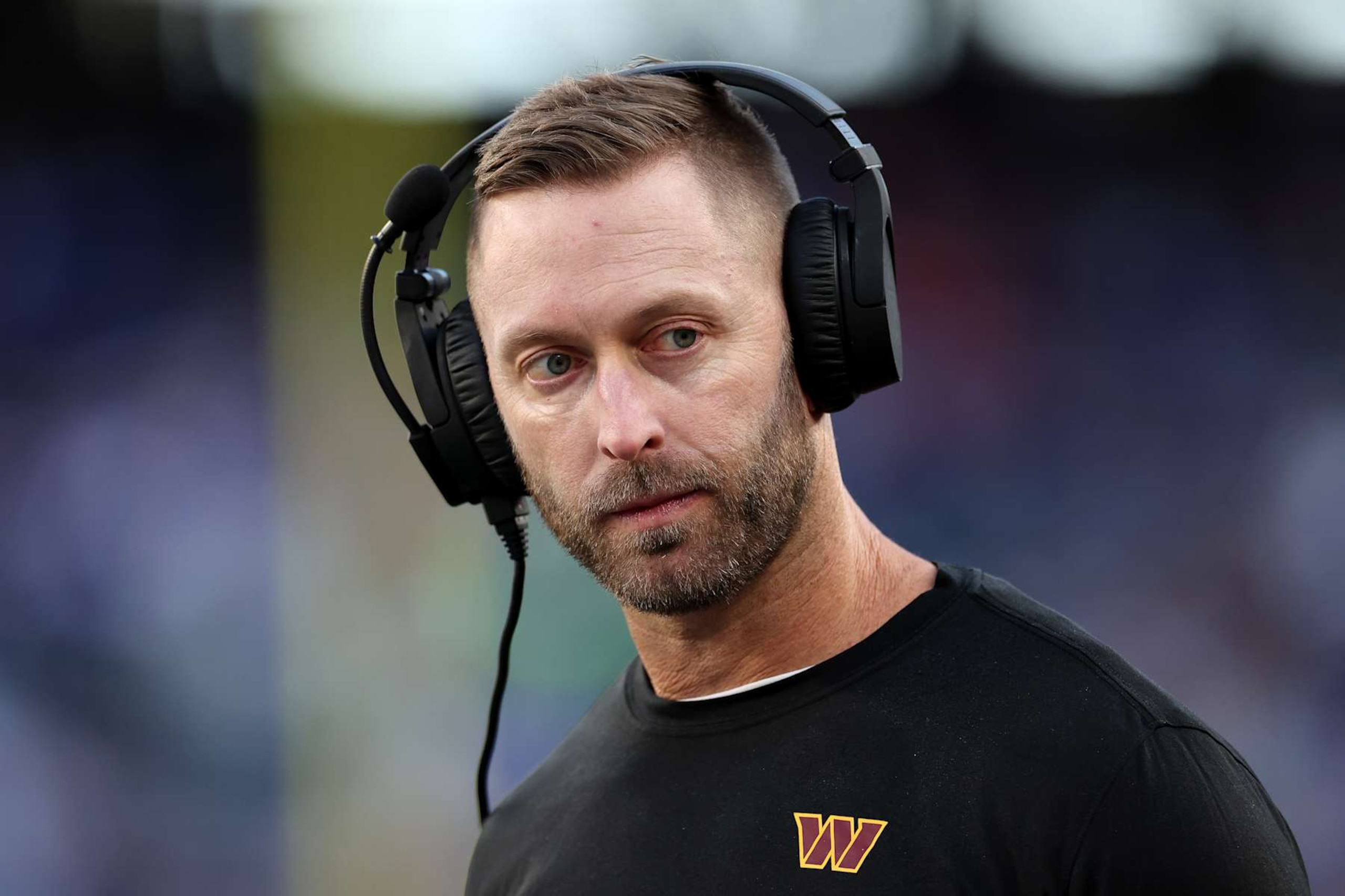 EAST RUTHERFORD, NEW JERSEY - NOVEMBER 03: Offensive coordinator Kliff Kingsbury of the Washington Commanders looks on against the New York Giants at MetLife Stadium on November 03, 2024 in East Rutherford, New Jersey. (Photo by Luke Hales/Getty Images)
