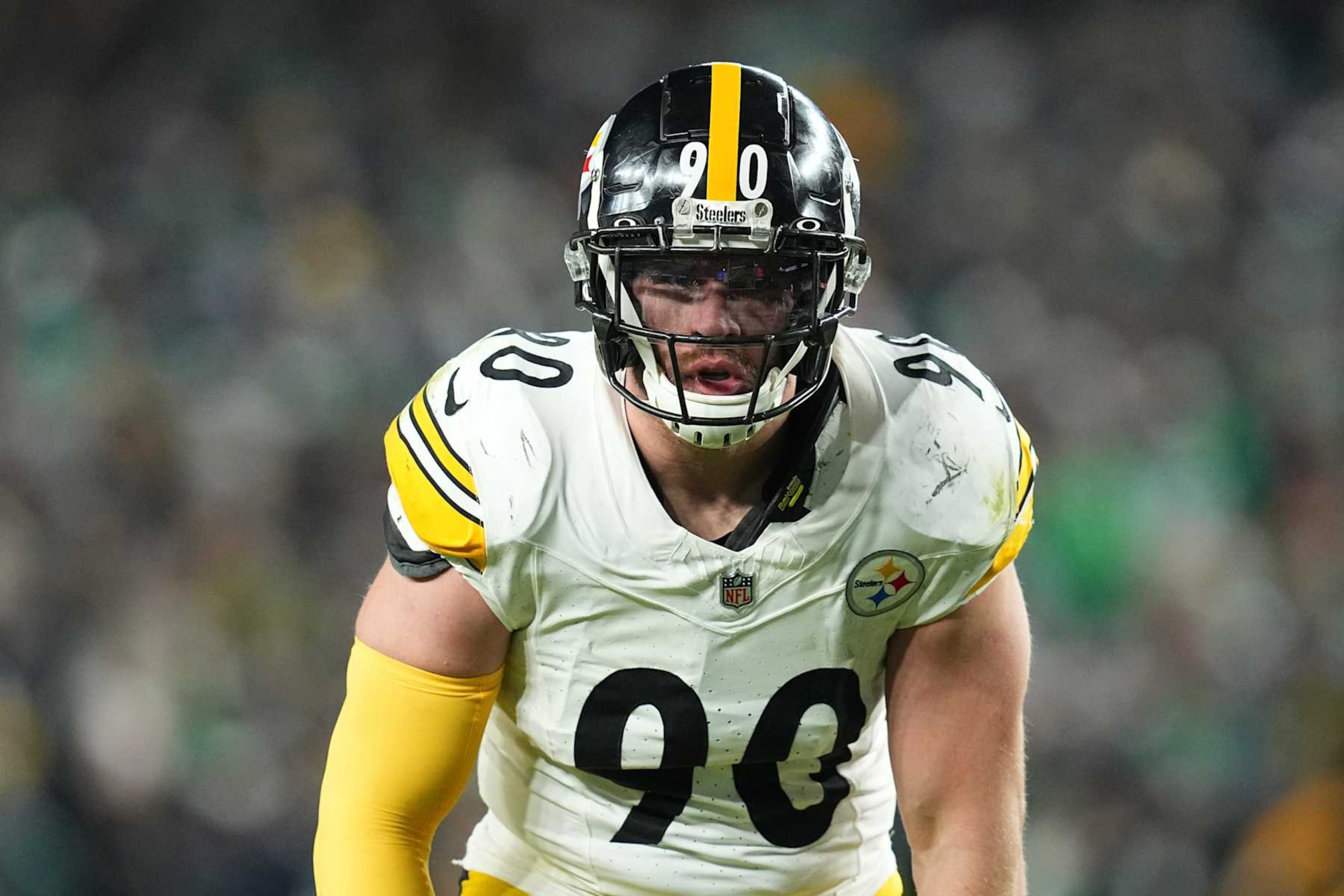 PHILADELPHIA, PENNSYLVANIA - DECEMBER 15: T.J. Watt #90 of the Pittsburgh Steelers looks on against the Philadelphia Eagles at Lincoln Financial Field on December 15, 2024 in Philadelphia, Pennsylvania. (Photo by Mitchell Leff/Getty Images)