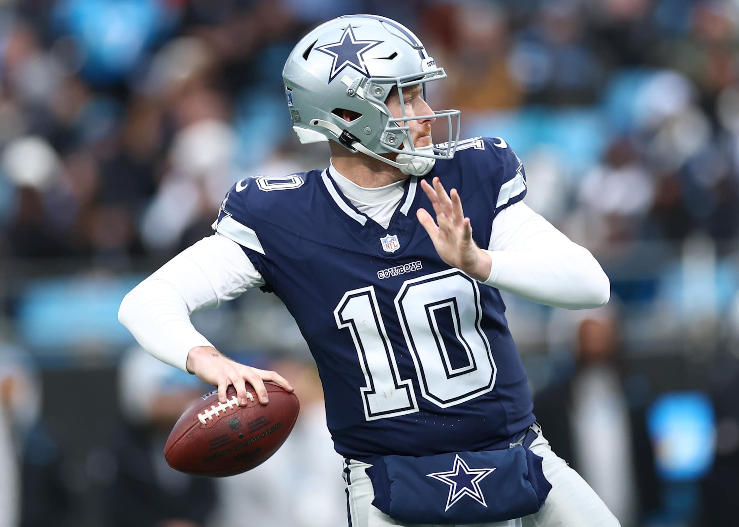 CHARLOTTE, NORTH CAROLINA - DECEMBER 15: Cooper Rush #10 of the Dallas Cowboys attempts a pass during the second half of the game against the Carolina Panthers at Bank of America Stadium on December 15, 2024 in Charlotte, North Carolina. (Photo by Jared C. Tilton/Getty Images)