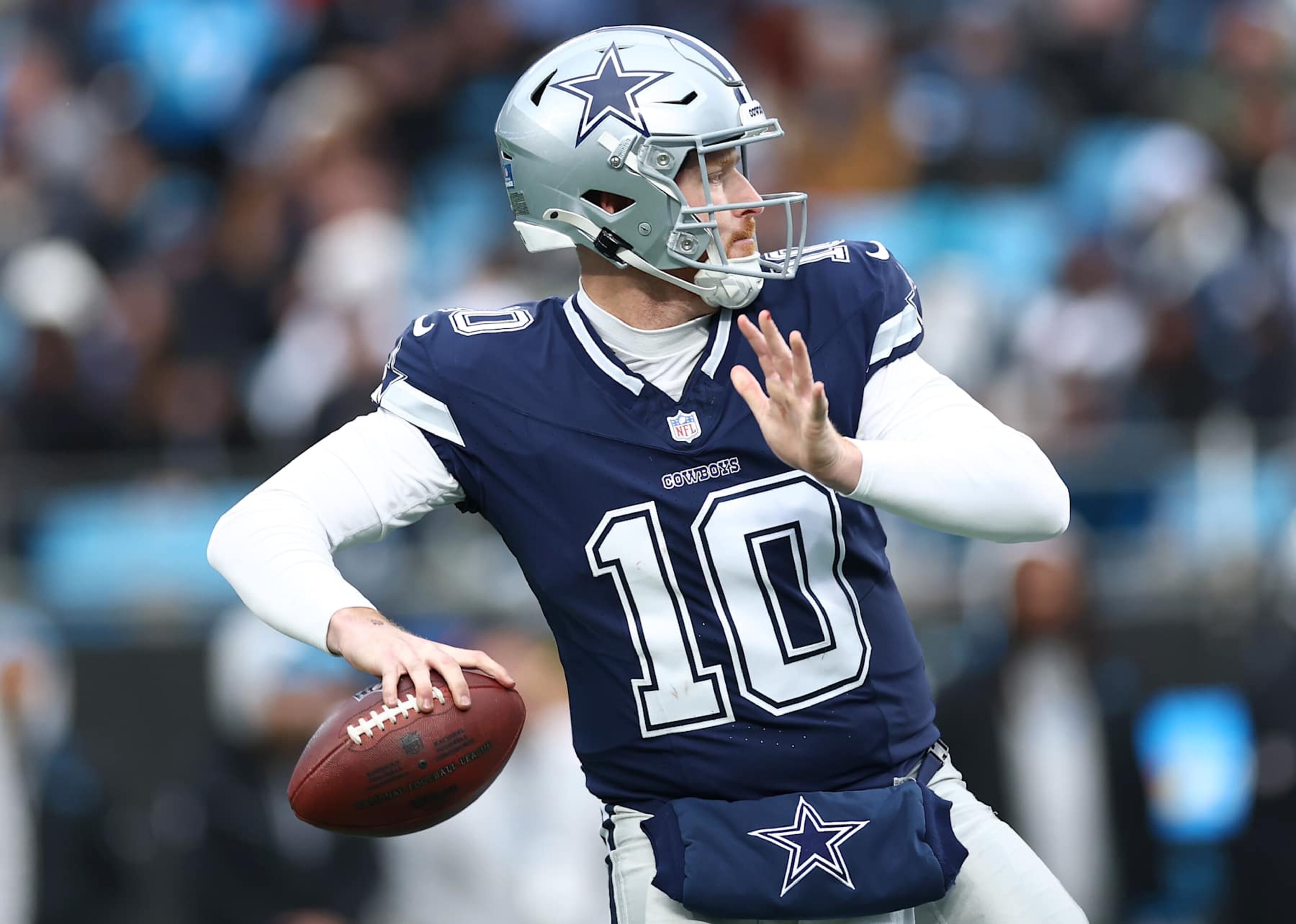 CHARLOTTE, NORTH CAROLINA - DECEMBER 15: Cooper Rush #10 of the Dallas Cowboys attempts a pass during the second half of the game against the Carolina Panthers at Bank of America Stadium on December 15, 2024 in Charlotte, North Carolina. (Photo by Jared C. Tilton/Getty Images)