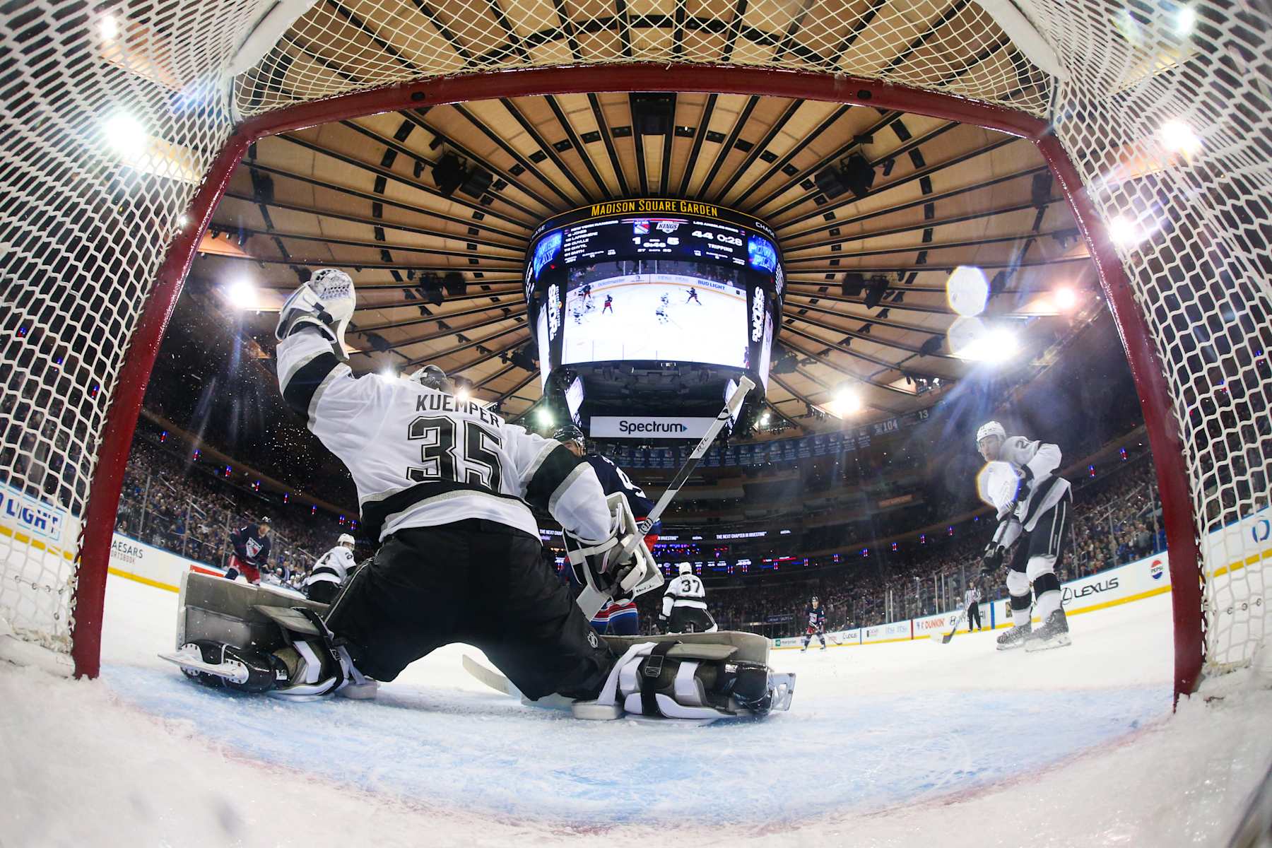 NEW YORK, NEW YORK - DECEMBER 14:  Darcy Kuemper #35 of the Los Angeles Kings tends the net against the New York Rangers at Madison Square Garden on December 14, 2024 in New York City. (Photo by Jared Silber/NHLI via Getty Images)