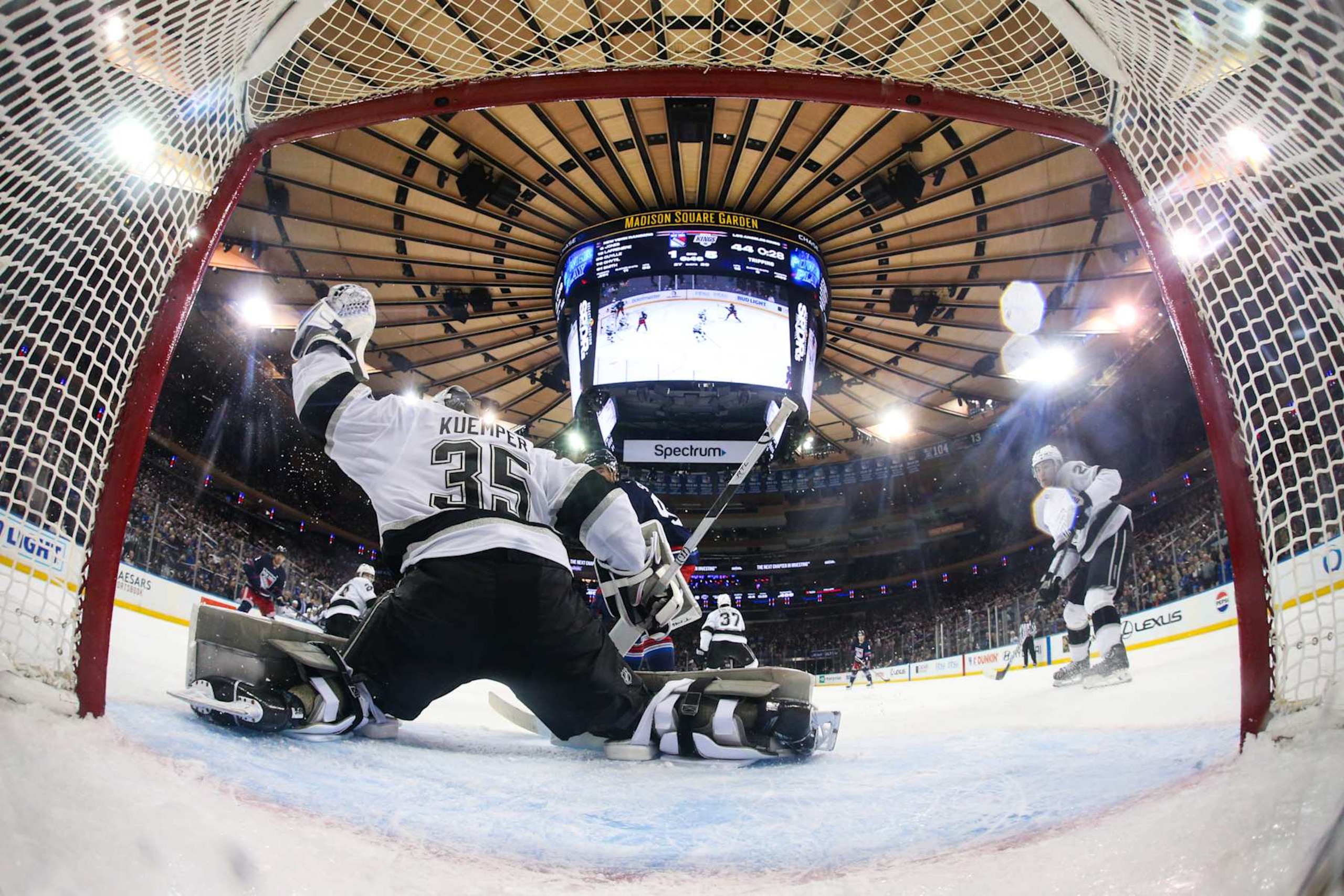 NEW YORK, NEW YORK - DECEMBER 14:  Darcy Kuemper #35 of the Los Angeles Kings tends the net against the New York Rangers at Madison Square Garden on December 14, 2024 in New York City. (Photo by Jared Silber/NHLI via Getty Images)