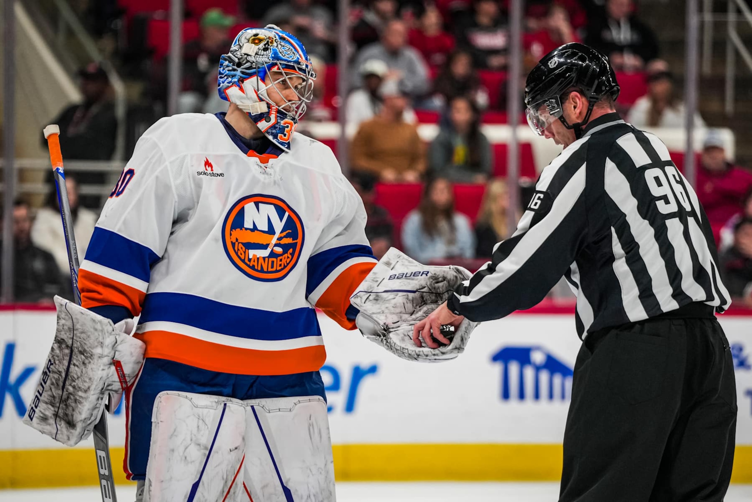 RALEIGH, NORTH CAROLINA - DECEMBER 17:  Ilya Sorokin #30 of the New York Islanders looks on during the first period against the Carolina Hurricanes at Lenovo Center on December 17, 2024 in Raleigh, North Carolina.  (Photo by Josh Lavallee/NHLI via Getty Images)