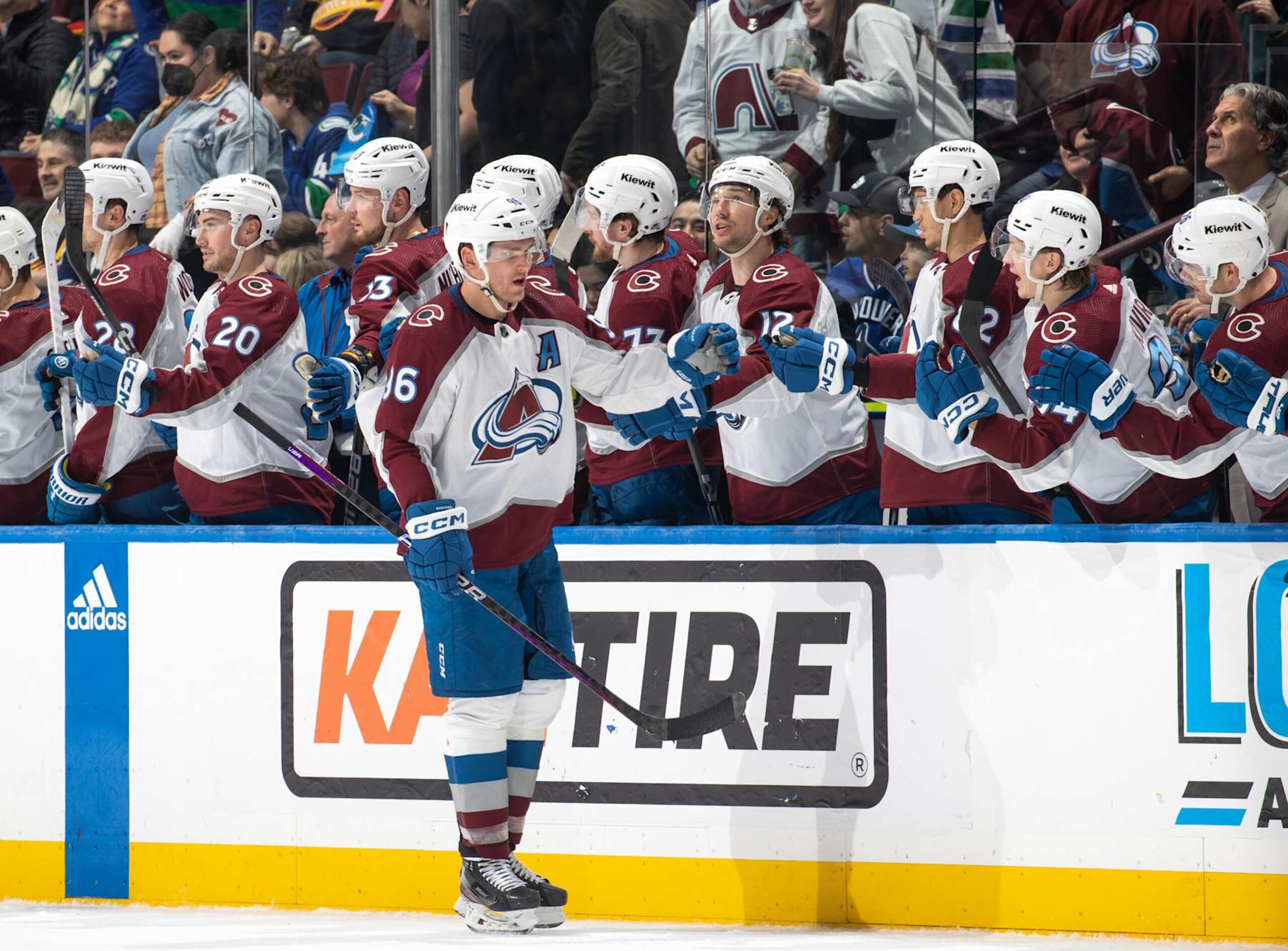 VANCOUVER, CANADA - MARCH 13: Mikko Rantanen #96 of the Colorado Avalanche celebrates his goal with teammates during the second period of their NHL game against the Vancouver Canucks at Rogers Arena on March 13, 2024 in Vancouver, British Columbia, Canada.  (Photo by Jeff Vinnick/NHLI via Getty Images)