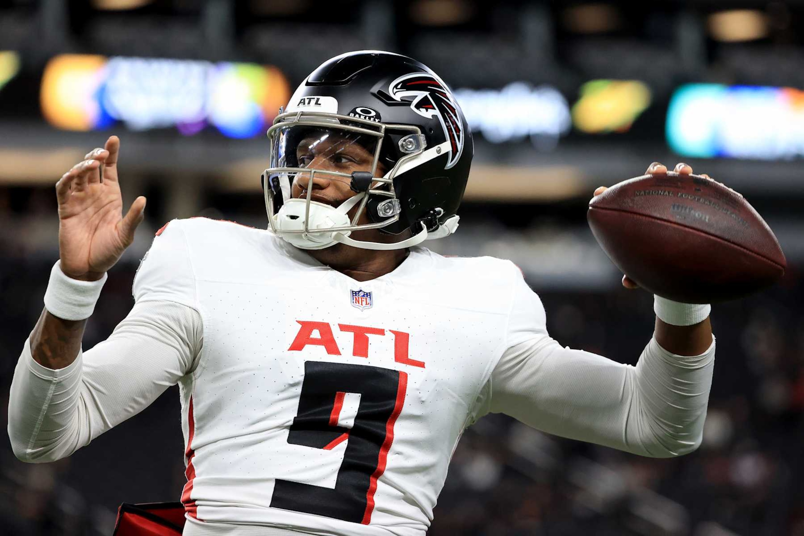 LAS VEGAS, NEVADA - DECEMBER 16: Michael Penix Jr. #9 of the Atlanta Falcons warms up prior to the game against the Las Vegas Raiders at Allegiant Stadium on December 16, 2024 in Las Vegas, Nevada. (Photo by Ian Maule/Getty Images)