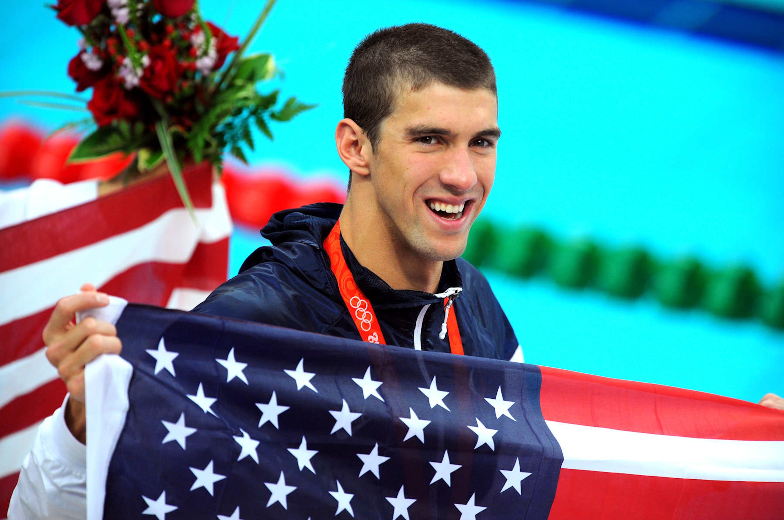 Beijing Olympics : Swimmingpodium, Team Usa (Usa), Phelps Michael (Usa) , Gold Medal, Celebration Joie Vreugde, Flag Drapeau Vlag, Men 4 X 100 M Medley Relay Final /Natation, National Aquatics Center, Olymische Spelen, Jeux Olympique, (C)Tim De Waele (Photo by Tim De Waele/Getty Images) Beijing Olympics : Swimmingpodium, Team Usa (Usa), Phelps Michael (Usa) , Gold Medal, Celebration Joie Vreugde, Flag Drapeau Vlag, Men 4 X 100 M Medley Relay Final /Natation, National Aquatics Center, Olymische Spelen, Jeux Olympique, (C)Tim De Waele (Photo by Tim De Waele/Getty Images)