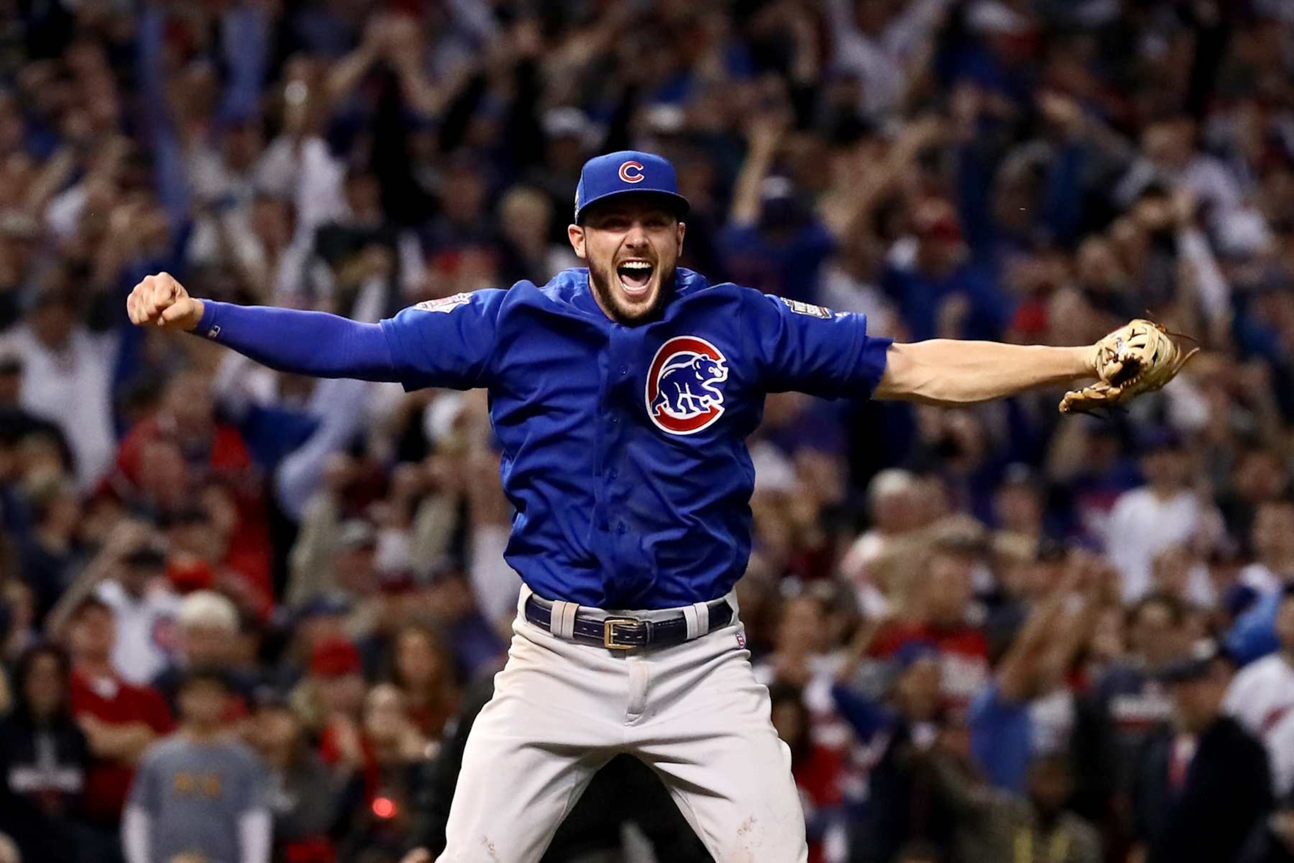 CLEVELAND, OH - NOVEMBER 02: Kris Bryant #17 of the Chicago Cubs celebrates after winning 8-7 in Game Seven of the 2016 World Series at Progressive Field on November 2, 2016 in Cleveland, Ohio. (Photo by Ezra Shaw/Getty Images) CLEVELAND, OH - NOVEMBER 02: Kris Bryant #17 of the Chicago Cubs celebrates after winning 8-7 in Game Seven of the 2016 World Series at Progressive Field on November 2, 2016 in Cleveland, Ohio. (Photo by Ezra Shaw/Getty Images)