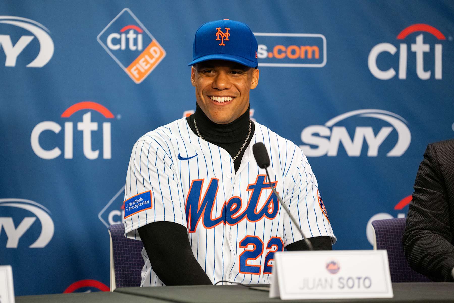 NEW YORK, NY - DECEMBER 12: Juan Soto #22 of the New York Mets speaks to the media during the Juan Soto introductory press conference  at Citi Field on Thursday, December 12, 2024 in New York, New York. (Photo by Mary DeCicco/MLB Photos via Getty Images)