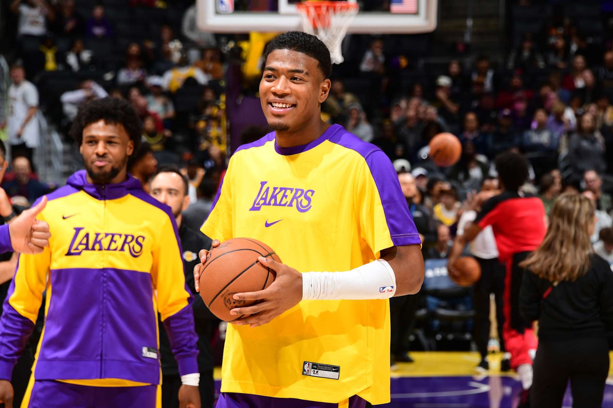LOS ANGELES, CA - DECEMBER 8: Rui Hachimura #28 of the Los Angeles Lakers smiles before the game against the Portland Trail Blazers on December 8, 2024 at Crypto.Com Arena in Los Angeles, California. NOTE TO USER: User expressly acknowledges and agrees that, by downloading and/or using this Photograph, user is consenting to the terms and conditions of the Getty Images License Agreement. Mandatory Copyright Notice: Copyright 2024 NBAE (Photo by Adam Pantozzi/NBAE via Getty Images) LOS ANGELES, CA - DECEMBER 8: Rui Hachimura #28 of the Los Angeles Lakers smiles before the game against the Portland Trail Blazers on December 8, 2024 at Crypto.Com Arena in Los Angeles, California. NOTE TO USER: User expressly acknowledges and agrees that, by downloading and/or using this Photograph, user is consenting to the terms and conditions of the Getty Images License Agreement. Mandatory Copyright Notice: Copyright 2024 NBAE (Photo by Adam Pantozzi/NBAE via Getty Images)