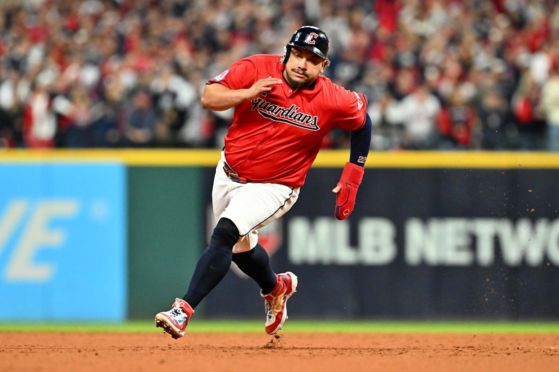 CLEVELAND, OHIO - OCTOBER 19: Josh Naylor #22 of the Cleveland Guardians runs to third base in the second inning against the New York Yankees during Game Five of the American League Championship Series at Progressive Field on October 19, 2024 in Cleveland, Ohio. (Photo by Jason Miller/Getty Images)
