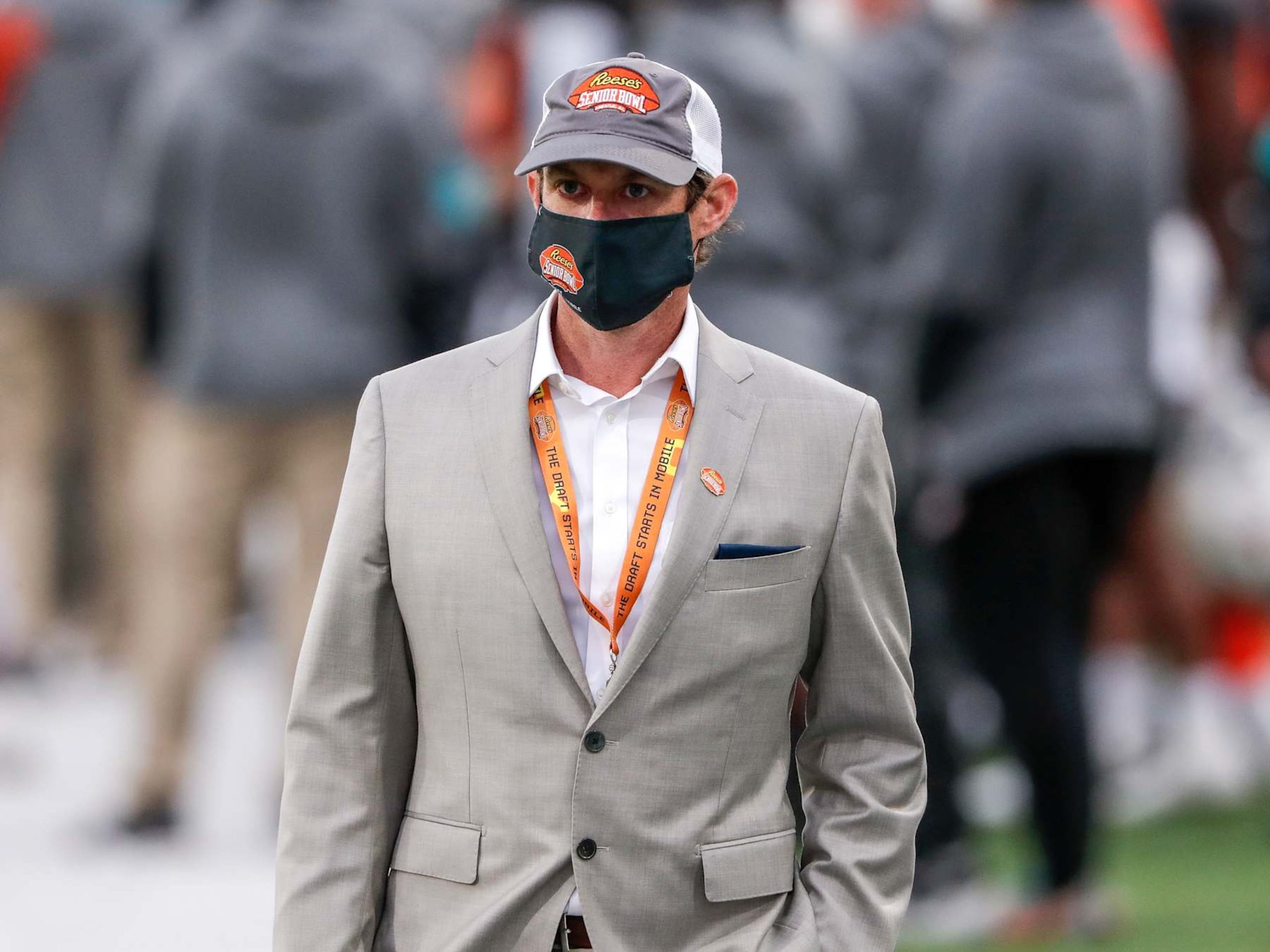 MOBILE, AL - JANUARY 30: Executive Director Jim Nagy of the Senior Bowl walks the field before the start of the 2021 Resse's Senior Bowl at Hancock Whitney Stadium on the campus of the University of South Alabama on January 30, 2021 in Mobile, Alabama. The National Team defeated the American Team 27-24. (Photo by Don Juan Moore/Getty Images)