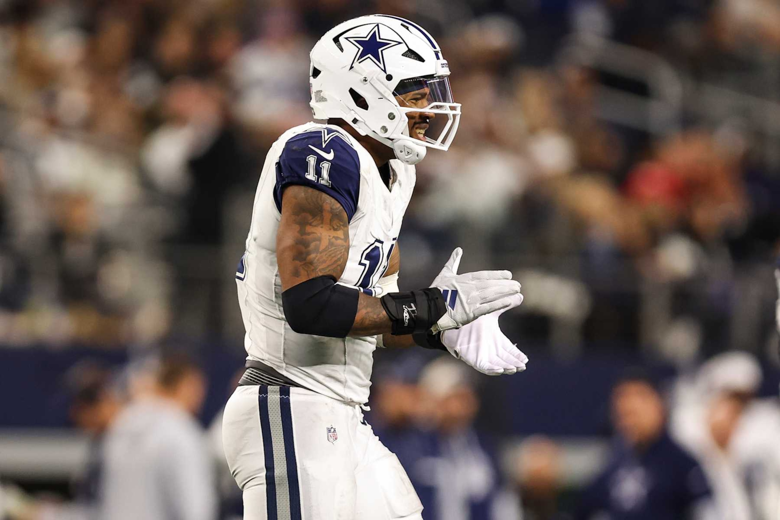 ARLINGTON, TEXAS - DECEMBER 09: Micah Parsons #11 of the Dallas Cowboys celebrates during an NFL football game against the Cincinnati Bengals at AT&T Stadium on December 9, 2024 in Arlington, Texas. (Photo by Perry Knotts/Getty Images)