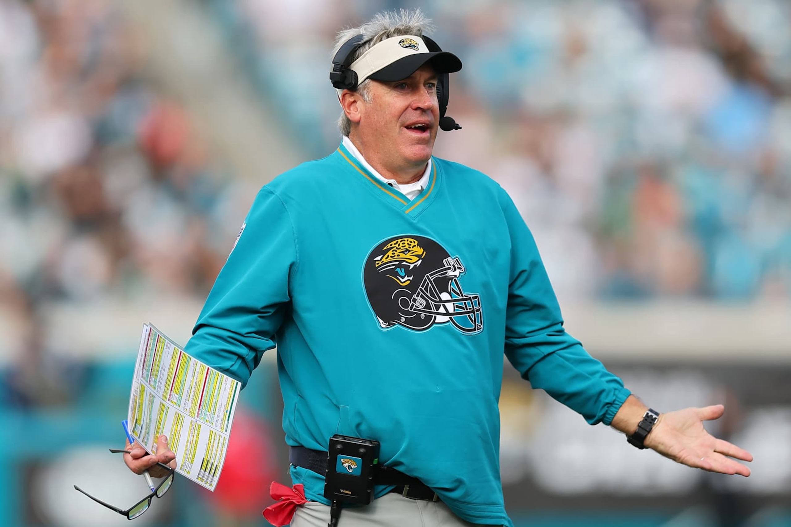 JACKSONVILLE, FLORIDA - DECEMBER 15: Head coach Doug Pederson of the Jacksonville Jaguars reacts to a call during the third quarter against the New York Jets at EverBank Stadium on December 15, 2024 in Jacksonville, Florida. (Photo by Mike Carlson/Getty Images)