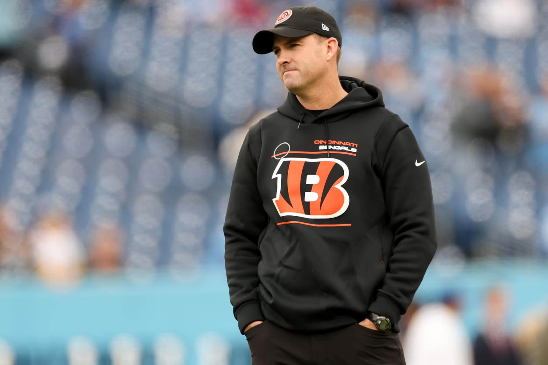 NASHVILLE, TENNESSEE - DECEMBER 15: Head coach Zac Taylor of the Cincinnati Bengals looks on prior to a game against the Tennessee Titans at Nissan Stadium on December 15, 2024 in Nashville, Tennessee. (Photo by Andy Lyons/Getty Images)