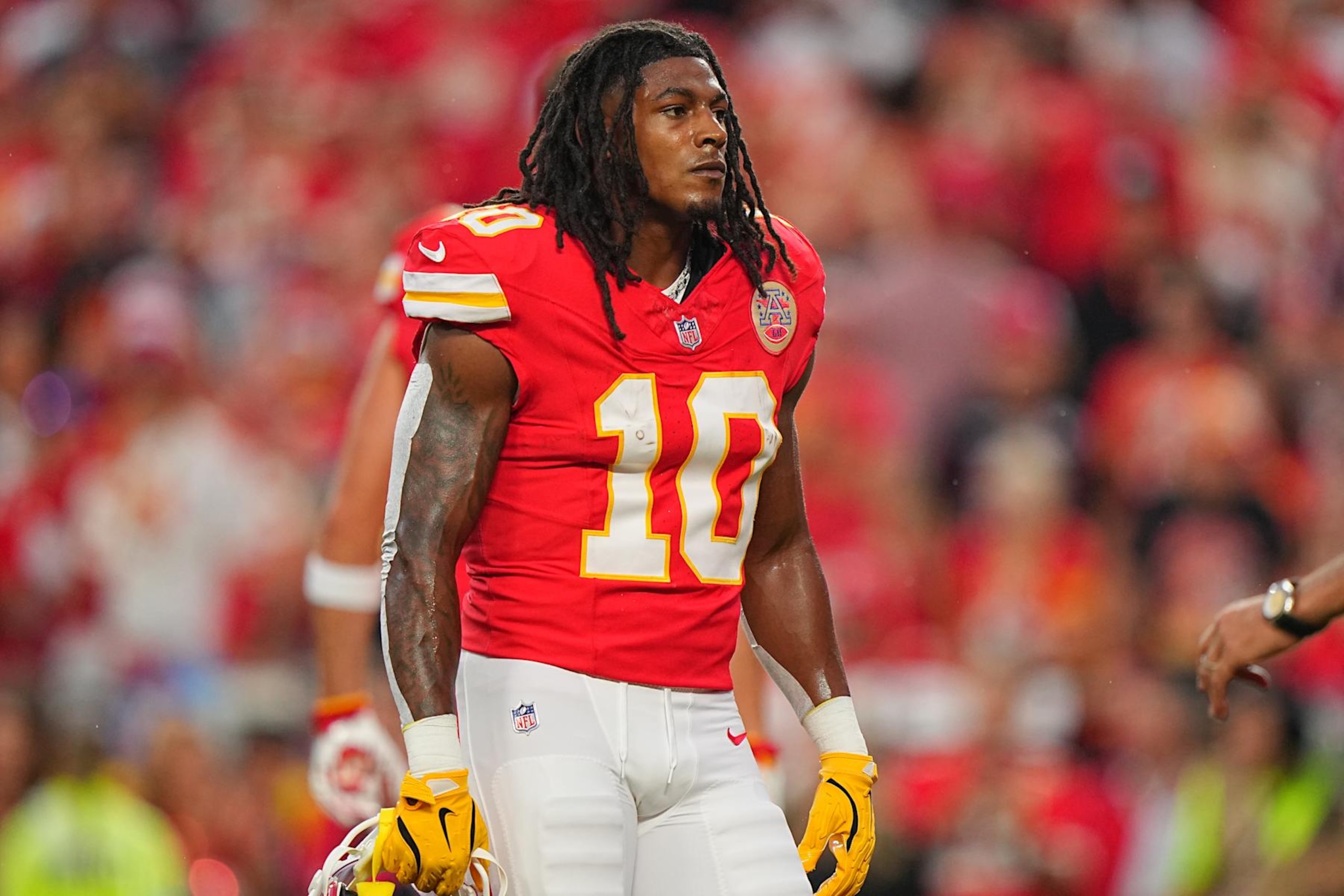 Football: Kansas City Chiefs Isiah Pacheco (10) in action, looks on vs Baltimore Ravens at Arrowhead Stadium. 
Kansas City, MO 9/5/2024
CREDIT: Erick W. Rasco (Photo by Erick W. Rasco/Sports Illustrated via Getty Images) 
(Set Number: X164607 TK1)