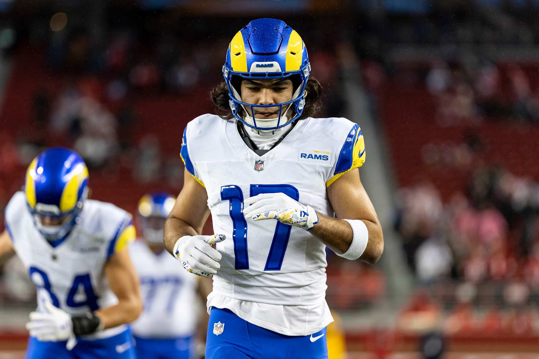 SANTA CLARA, CALIFORNIA - DECEMBER 12: Puka Nacua #17 of the Los Angeles Rams runs prior to an NFL Football game against the San Francisco 49ers at Levi's Stadium on December 12, 2024 in Santa Clara, California. (Photo by Michael Owens/Getty Images)