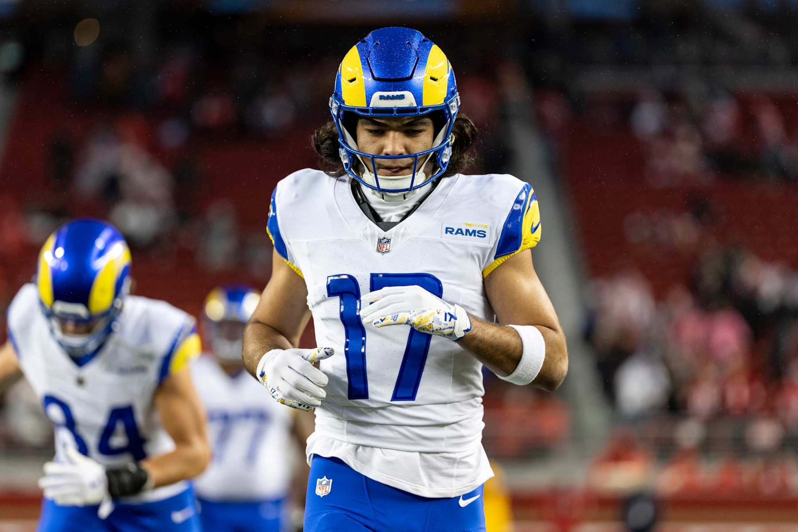 SANTA CLARA, CALIFORNIA - DECEMBER 12: Puka Nacua #17 of the Los Angeles Rams runs prior to an NFL Football game against the San Francisco 49ers at Levi's Stadium on December 12, 2024 in Santa Clara, California. (Photo by Michael Owens/Getty Images)