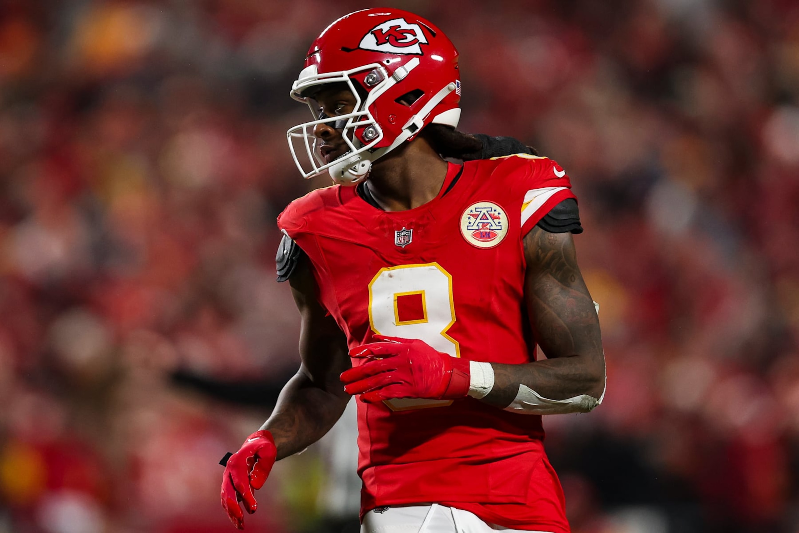 KANSAS CITY, MISSOURI - DECEMBER 08: DeAndre Hopkins #8 of the Kansas City Chiefs lines up before the snap during an NFL football game against the Los Angeles Chargers at GEHA Field at Arrowhead Stadium on December 8, 2024 in Kansas City, Missouri. (Photo by Perry Knotts/Getty Images)