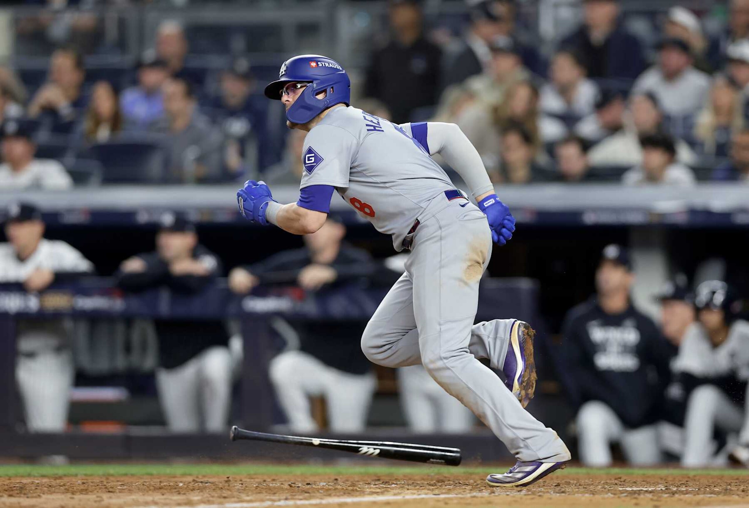 NEW YORK, NEW YORK - OCTOBER 30: (NEW YORK DAILIES OUT)  Enrique Hernandez #8 of the Los Angeles Dodgers singles during the eighth inning against the New York Yankees during Game Five of the 2024 World Series at Yankee Stadium on October 30, 2024 in New York City. The Dodgers defeated the Yankees 7-6. (Photo by Jim McIsaac/Getty Images)