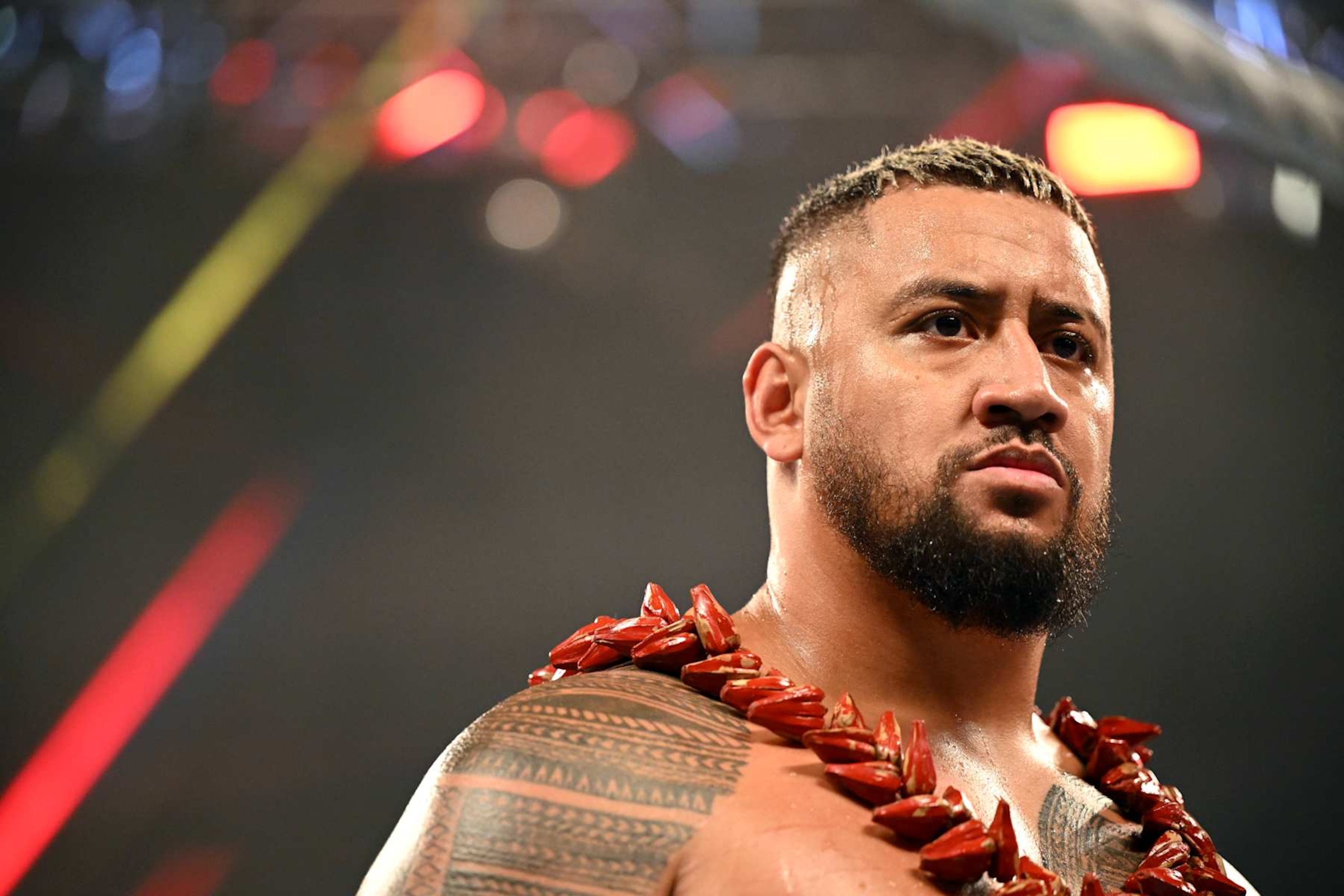 EDMONTON, CANADA - SEPTEMBER 6: Solo Sikoa looks on during WWE Friday Night SmackDown at Rogers Place on September 6, 2024 in Edmonton, Canada.  (Photo by WWE/Getty Images)