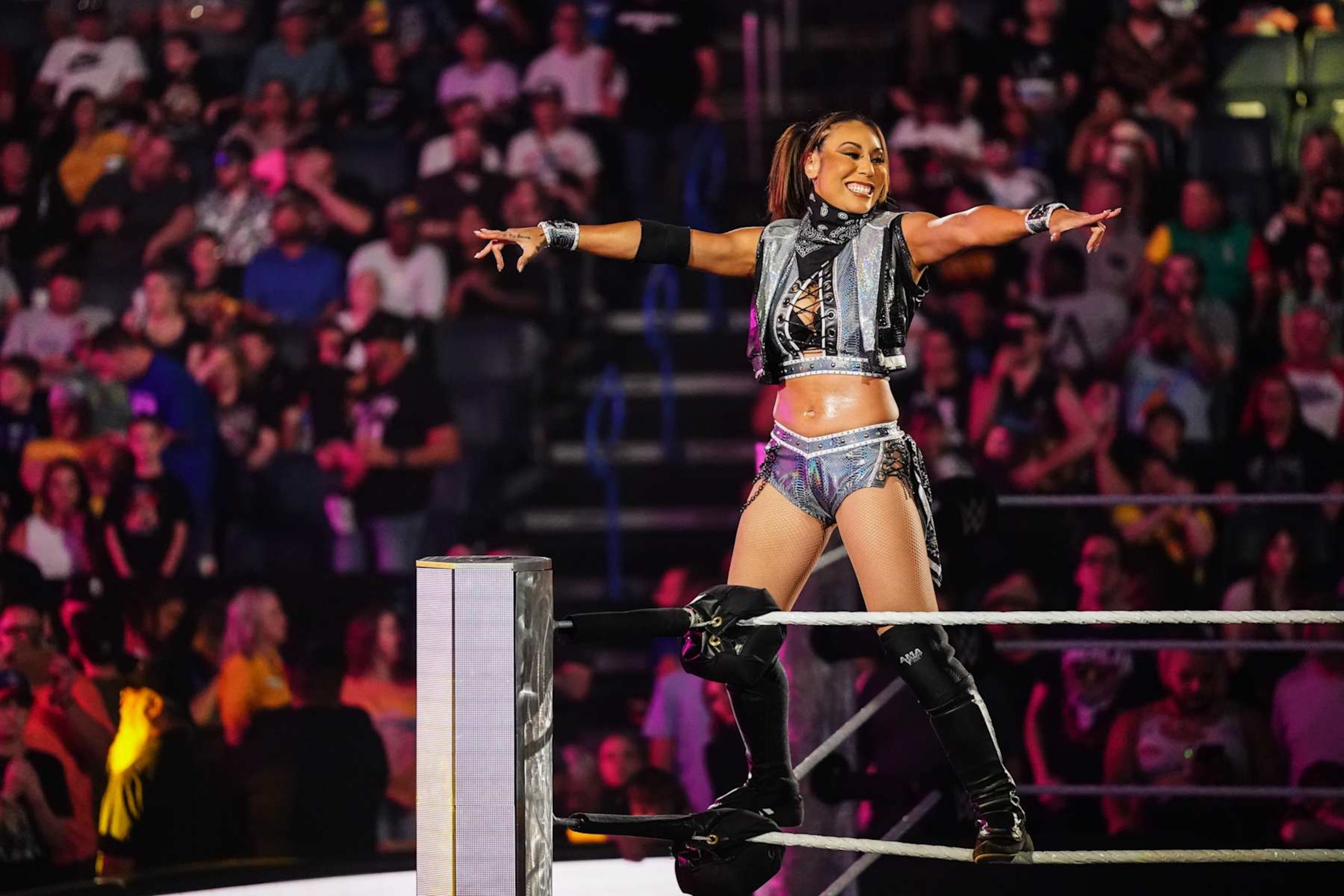 OKLAHOMA CITY, OKLAHOMA - SEPTEMBER 27: Michin enters the ring during WWE SmackDown at Paycom Center on September 27, 2024 in Oklahoma City, Oklahoma.  (Photo by WWE/Getty Images)