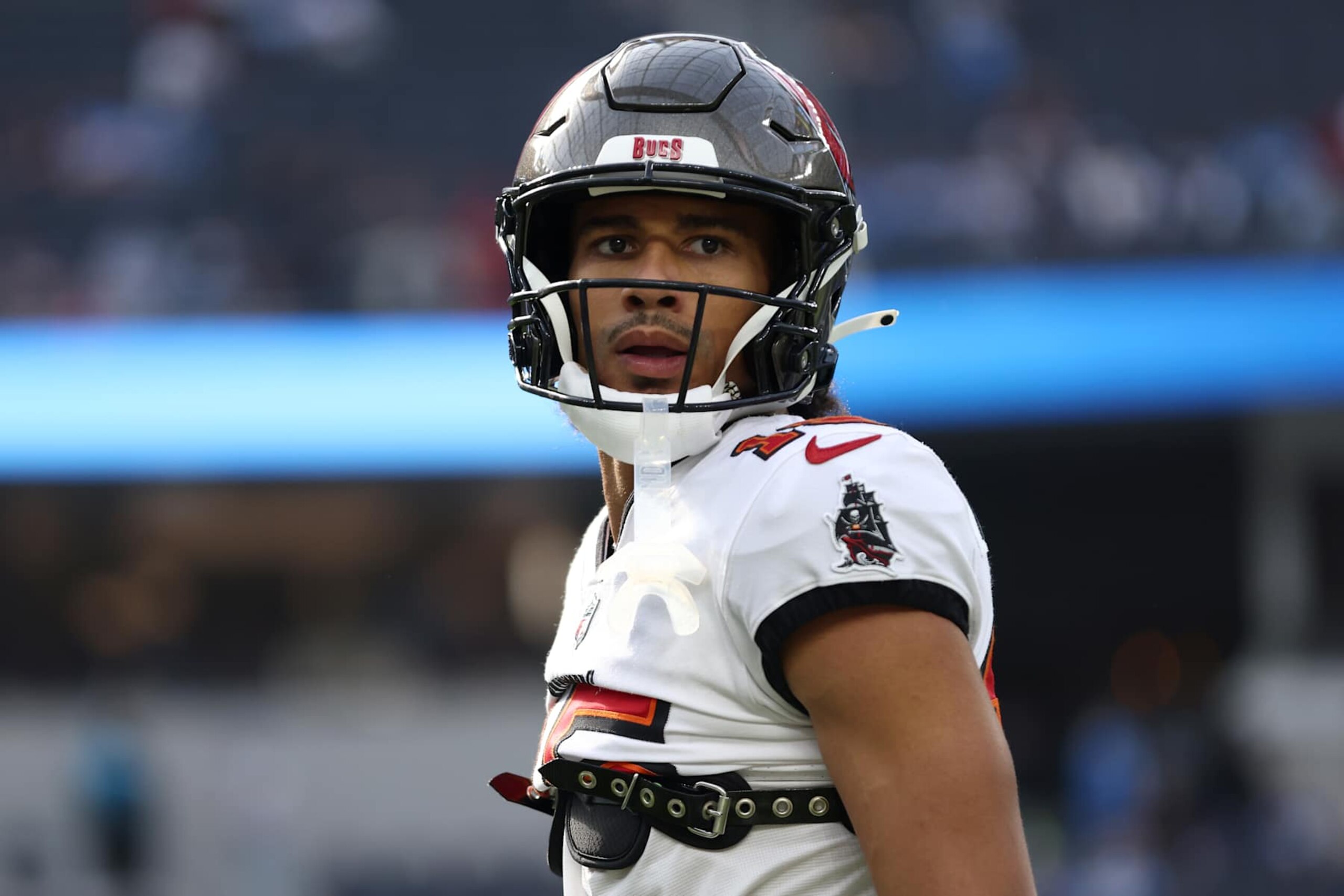 INGLEWOOD, CALIFORNIA - DECEMBER 15: Jalen McMillan #15 of the Tampa Bay Buccaneers looks on prior to the game against the Los Angeles Chargers  at SoFi Stadium on December 15, 2024 in Inglewood, California. (Photo by Katelyn Mulcahy/Getty Images)