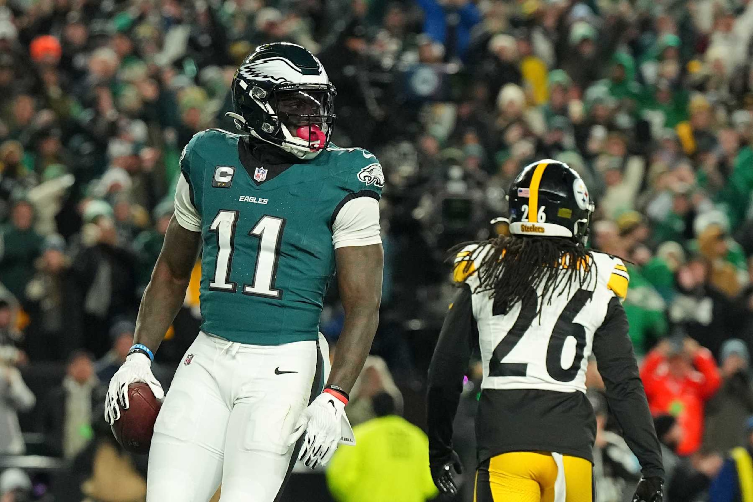 PHILADELPHIA, PENNSYLVANIA - DECEMBER 15: A.J. Brown #11 of the Philadelphia Eagles looks on against the Pittsburgh Steelers at Lincoln Financial Field on December 15, 2024 in Philadelphia, Pennsylvania. (Photo by Mitchell Leff/Getty Images)