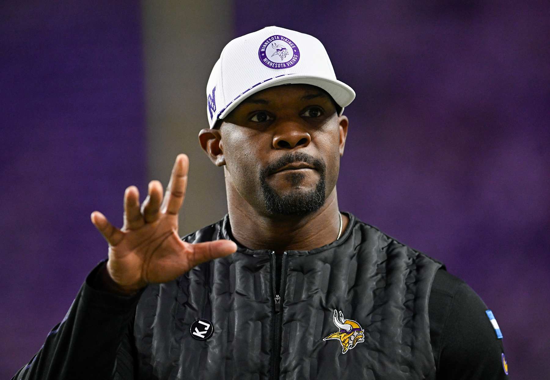 MINNEAPOLIS, MINNESOTA - DECEMBER 16: Brian Flores defensive coordinator of the Minnesota Vikings looks on prior to the game against the Chicago Bears at U.S. Bank Stadium on December 16, 2024 in Minneapolis, Minnesota. (Photo by Stephen Maturen/Getty Images)