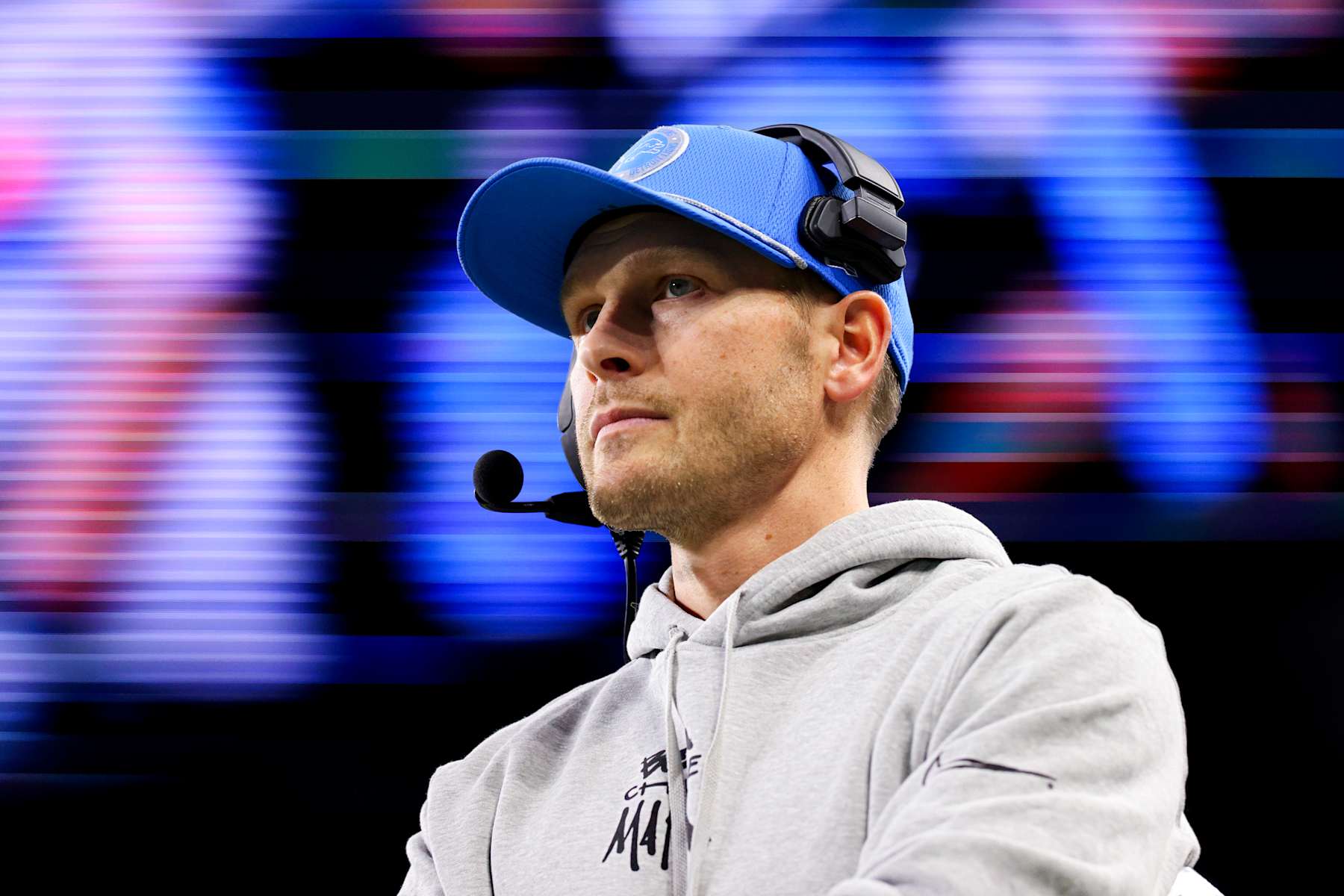 DETROIT, MICHIGAN - DECEMBER 15: Offensive coordinator Ben Johnson of the Detroit Lions looks on in the fourth quarter of a game against the Buffalo Bills at Ford Field on December 15, 2024 in Detroit, Michigan. (Photo by Mike Mulholland/Getty Images)