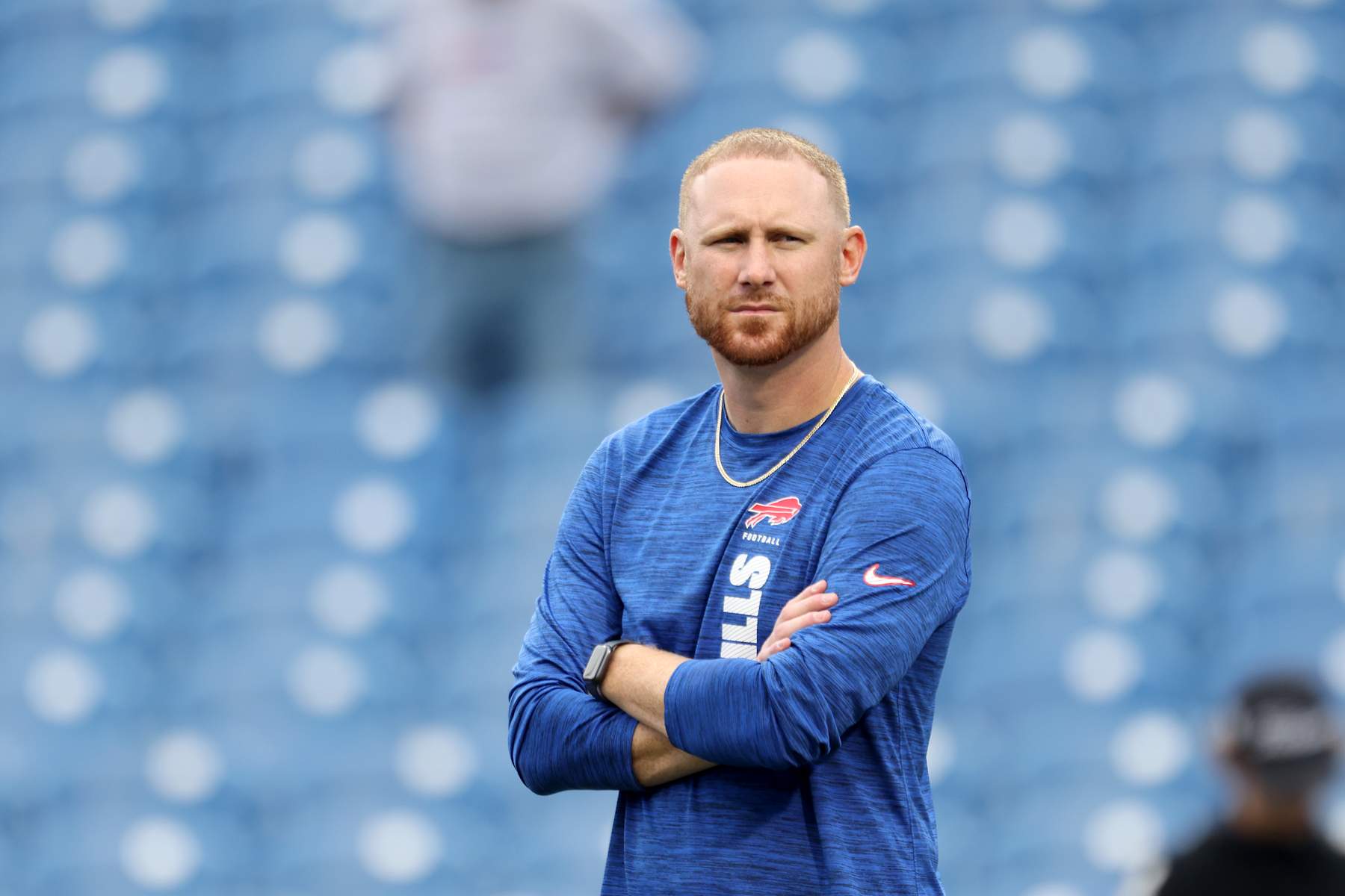 ORCHARD PARK, NEW YORK - SEPTEMBER 23: Offensive Coordinator Joe Brady of the Buffalo Bills looks on prior to a game against the Jacksonville Jaguars at Highmark Stadium on September 23, 2024 in Orchard Park, New York. (Photo by Bryan Bennett/Getty Images)