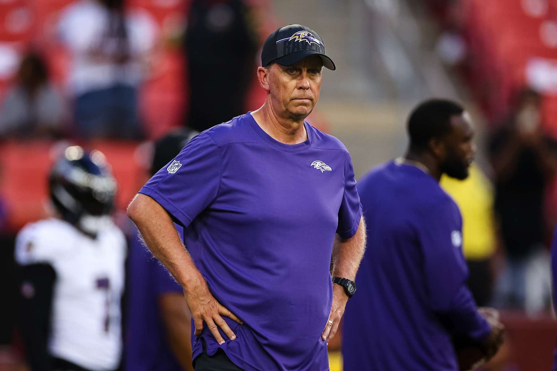 LANDOVER, MD - AUGUST 21: Offensive coordinator Todd Monken of the Baltimore Ravens looks on before the preseason game against the Washington Commanders at FedExField on August 21, 2023 in Landover, Maryland. (Photo by Scott Taetsch/Getty Images)