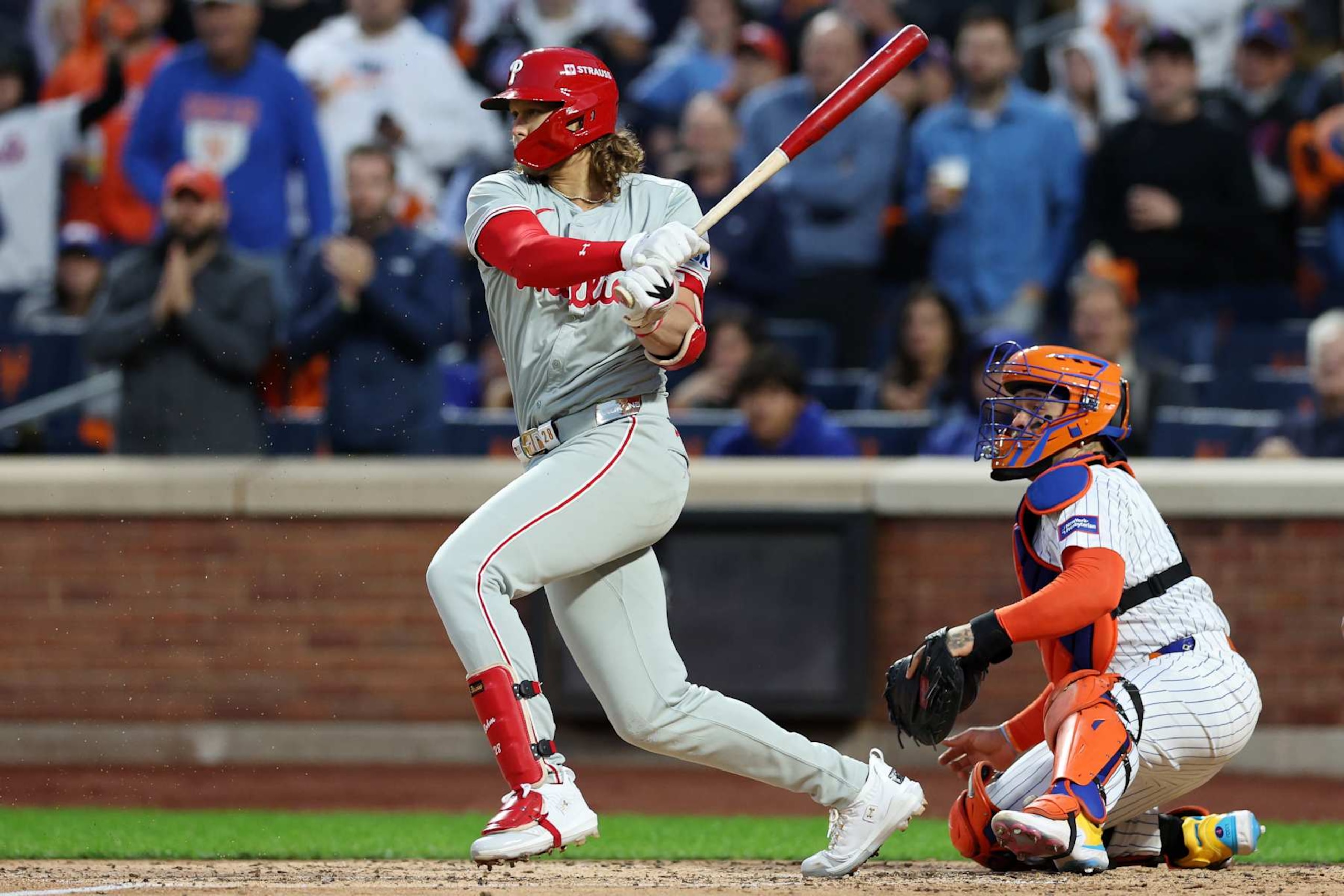 NEW YORK, NEW YORK - OCTOBER 09: Alec Bohm #28 of the Philadelphia Phillies reaches on a fielder's choice in the fourth inning against the New York Mets during Game Four of the Division Series at Citi Field on October 09, 2024 in New York City. (Photo by Elsa/Getty Images) NEW YORK, NEW YORK - OCTOBER 09: Alec Bohm #28 of the Philadelphia Phillies reaches on a fielder's choice in the fourth inning against the New York Mets during Game Four of the Division Series at Citi Field on October 09, 2024 in New York City. (Photo by Elsa/Getty Images)