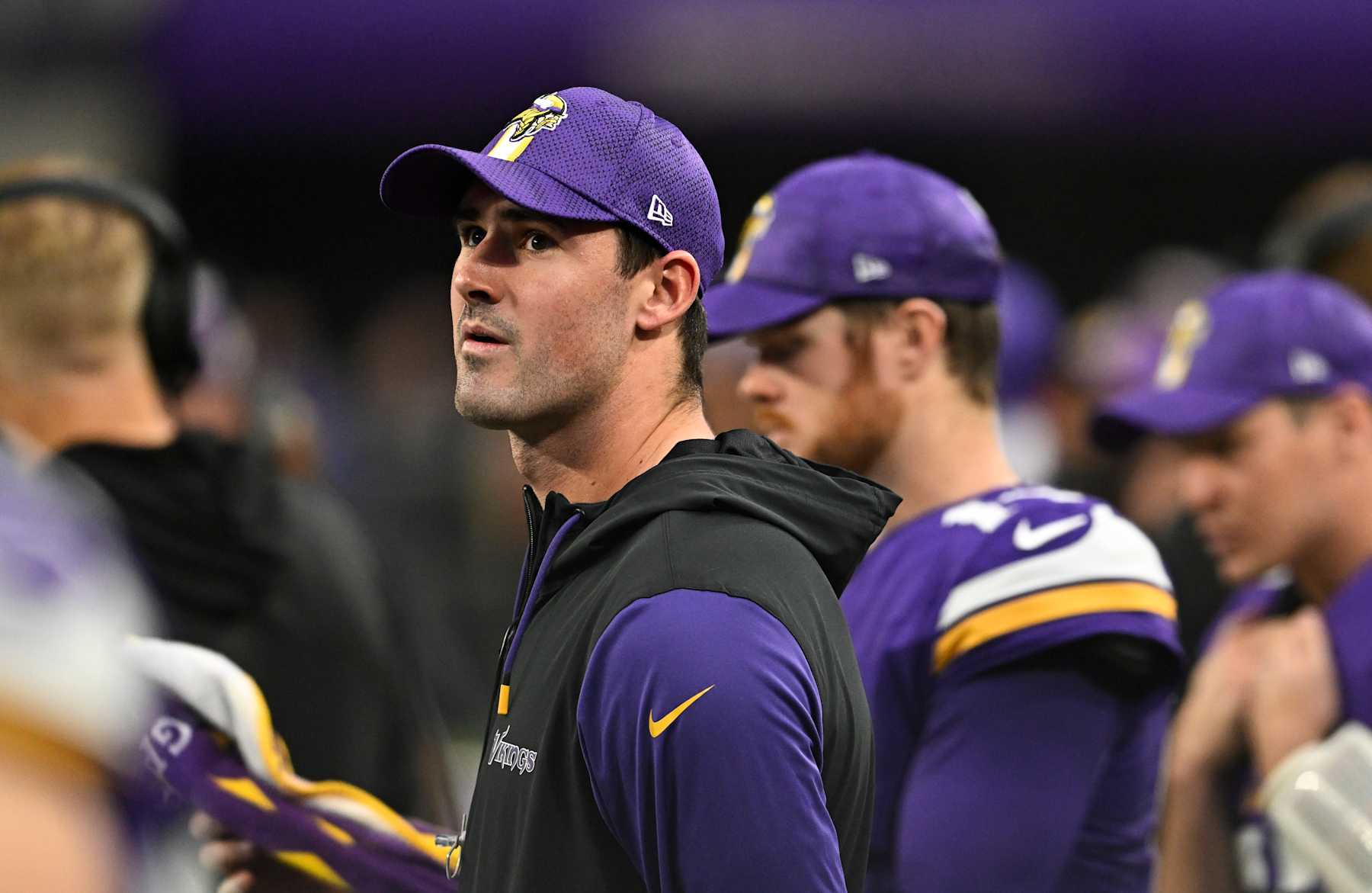 MINNEAPOLIS, MINNESOTA - DECEMBER 8: Quarterback Daniel Jones #13 of the Minnesota Vikings looks on from the sideline in the fourth quarter of the game against the Atlanta Falcons at U.S. Bank Stadium on December 8, 2024 in Minneapolis, Minnesota. The Vikings defeated the Falcons 42-21. (Photo by Stephen Maturen/Getty Images)
