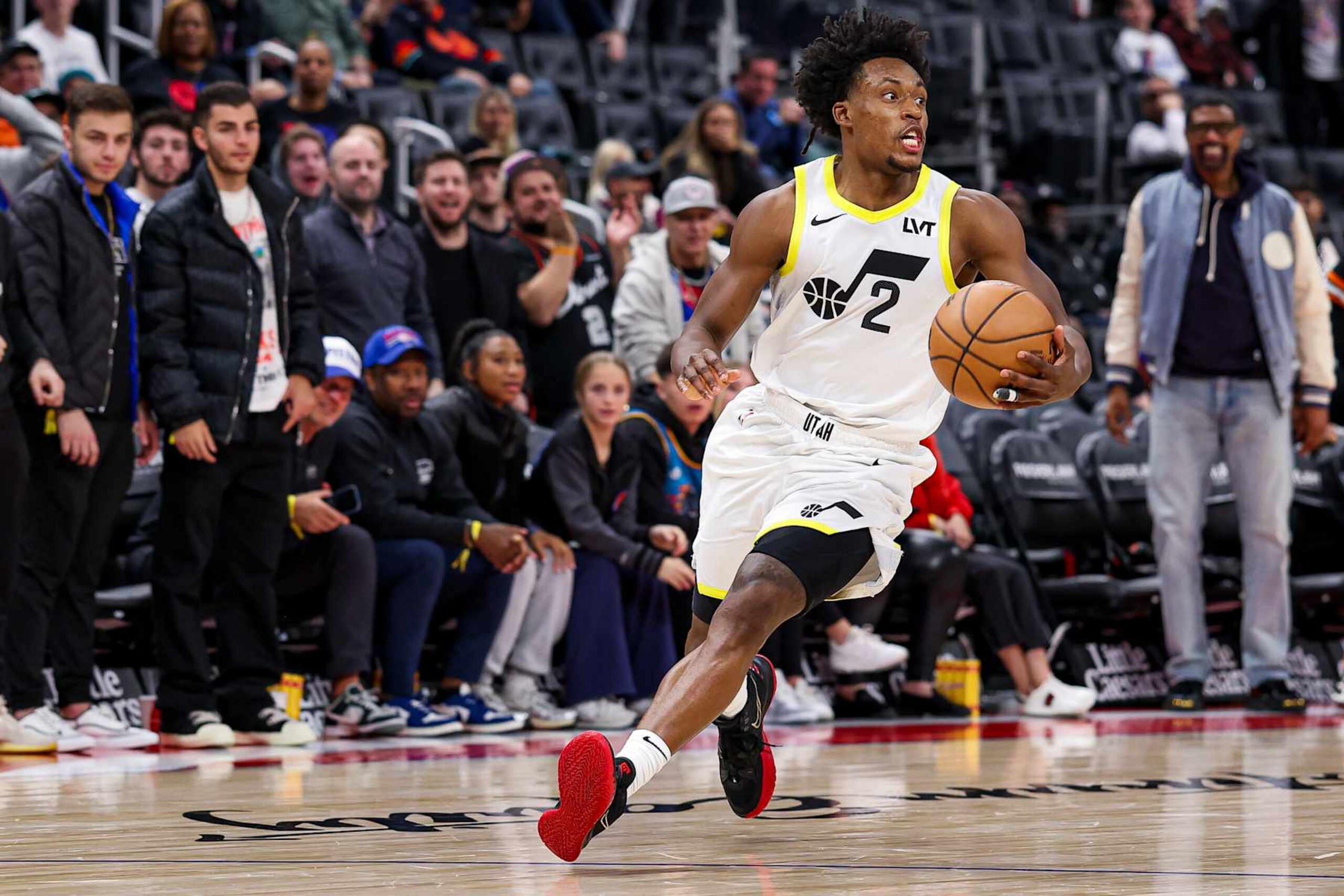 DETROIT, MICHIGAN - DECEMBER 19: Collin Sexton #2 of the Utah Jazz dribbles the ball during the fourth quarter of a game against the Detroit Pistons at Little Caesars Arena on December 19, 2024 in Detroit, Michigan. NOTE TO USER: User expressly acknowledges and agrees that, by downloading and or using this photograph, User is consenting to the terms and conditions of the Getty Images License Agreement.(Photo by Mike Mulholland/Getty Images) DETROIT, MICHIGAN - DECEMBER 19: Collin Sexton #2 of the Utah Jazz dribbles the ball during the fourth quarter of a game against the Detroit Pistons at Little Caesars Arena on December 19, 2024 in Detroit, Michigan. NOTE TO USER: User expressly acknowledges and agrees that, by downloading and or using this photograph, User is consenting to the terms and conditions of the Getty Images License Agreement.(Photo by Mike Mulholland/Getty Images)