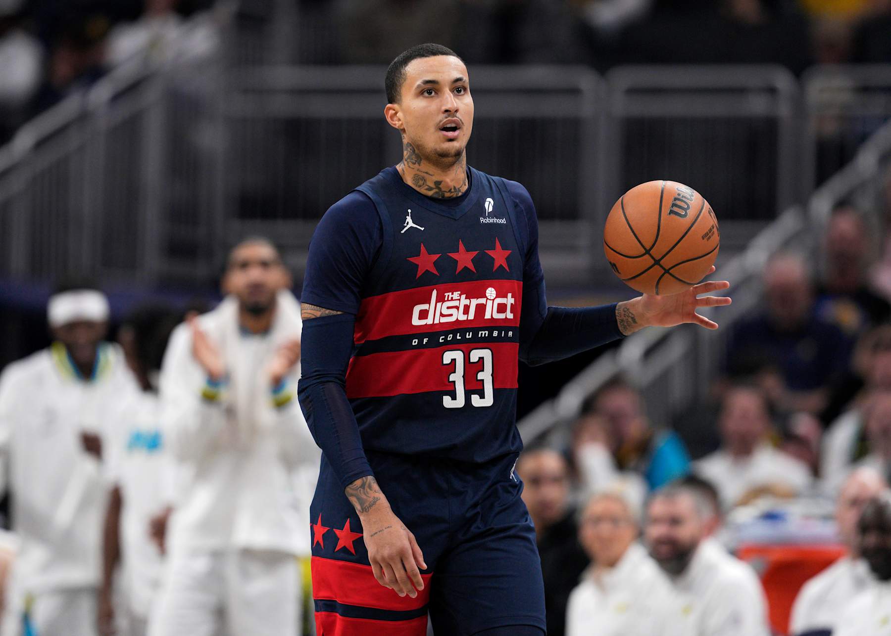INDIANAPOLIS, INDIANA - NOVEMBER 24: Kyle Kuzma #33 of the Washington Wizards dribbles during the first half against the Indiana Pacers at Gainbridge Fieldhouse on November 24, 2024 in Indianapolis, Indiana. NOTE TO USER: User expressly acknowledges and agrees that, by downloading and or using this photograph, User is consenting to the terms and conditions of the Getty Images License Agreement. (Photo by Jeff Dean/Getty Images)