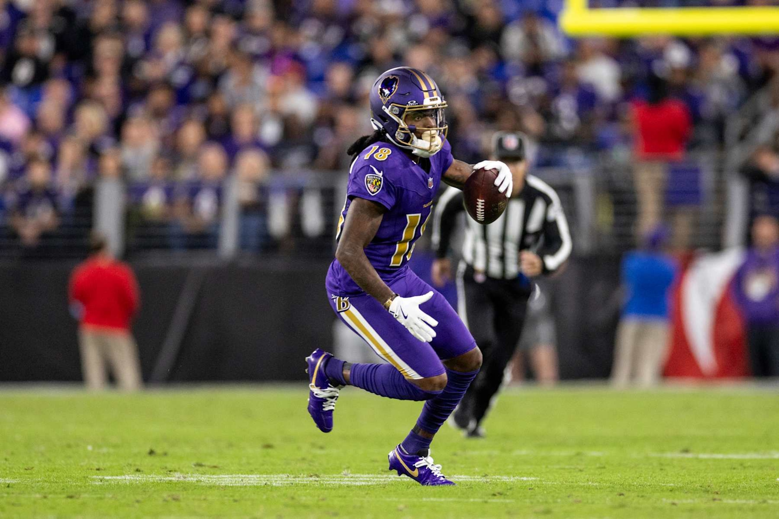 BALTIMORE, MARYLAND - NOVEMBER 7: Diontae Johnson #18 of the Baltimore Ravens runs with the ball during an NFL Football game against the Cincinnati Bengals at M&T Bank Stadium on November 07, 2024 in Baltimore, Maryland. (Photo by Michael Owens/Getty Images)