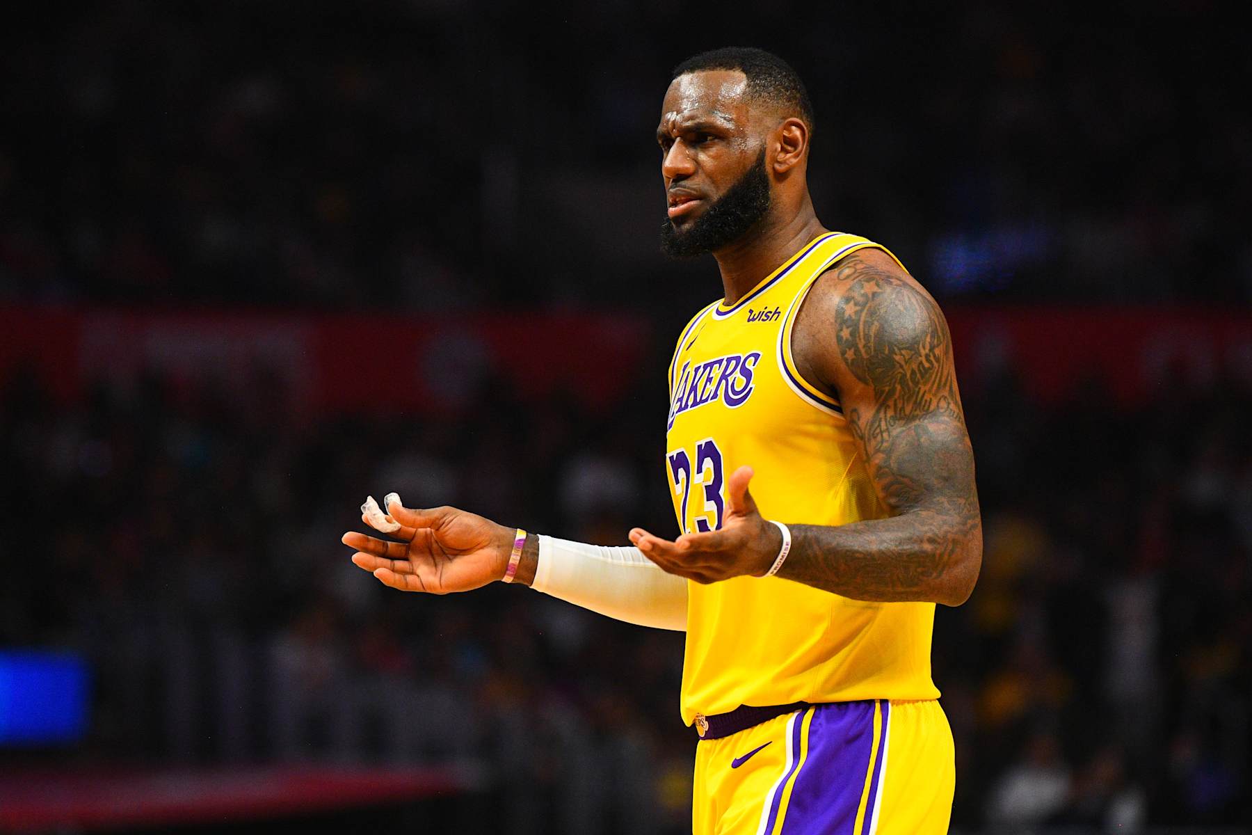 LOS ANGELES, CA - JANUARY 31: Los Angeles Lakers Forward LeBron James (23) reacts to a call during a NBA game between the Los Angeles Lakers and the Los Angeles Clippers on January 31, 2019 at STAPLES Center in Los Angeles, CA. (Photo by Brian Rothmuller/Icon Sportswire via Getty Images)