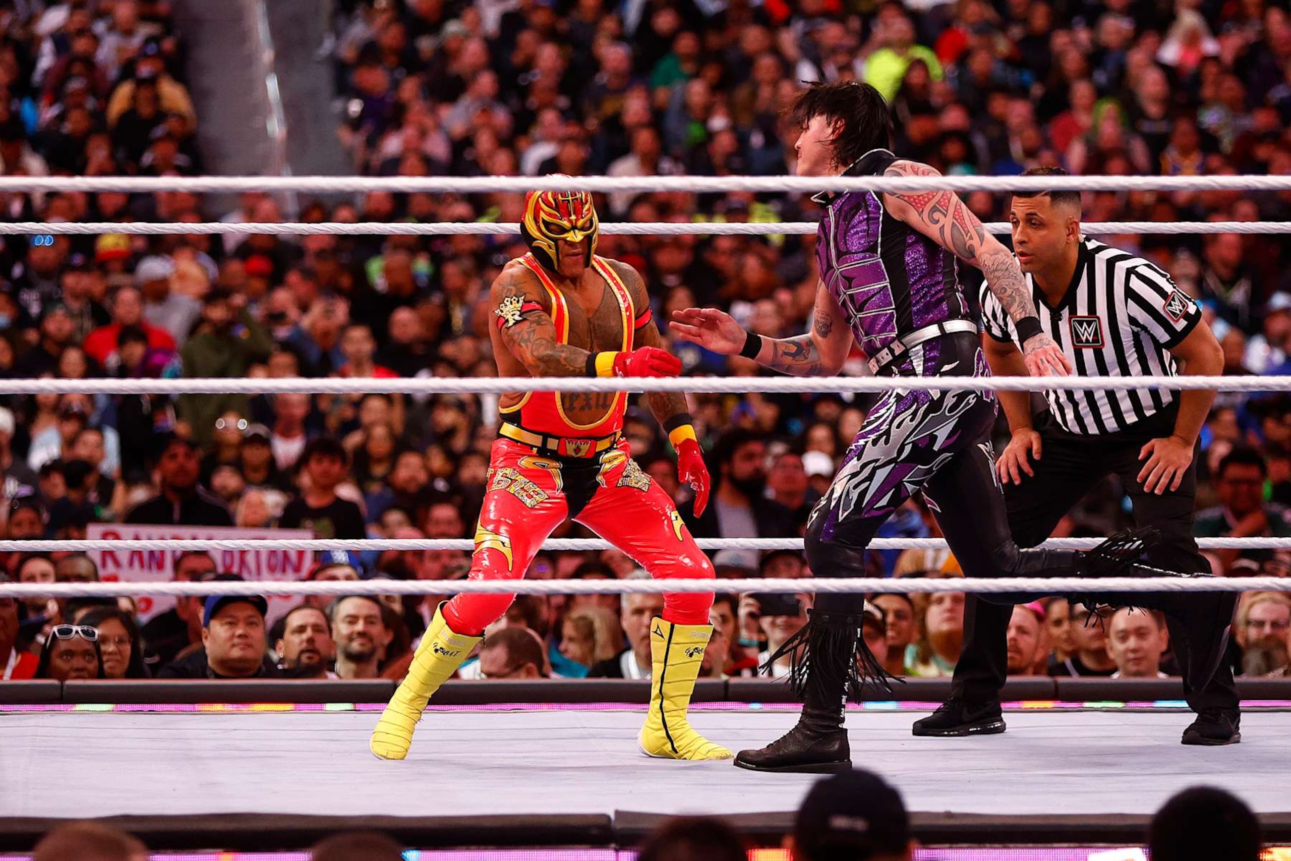 INGLEWOOD, CALIFORNIA - APRIL 01:  Dominik Mysterio wrestles Rey Mysterio during WrestleMania Goes Hollywood at SoFi Stadium on April 01, 2023 in Inglewood, California. (Photo by Ronald Martinez/Getty Images)