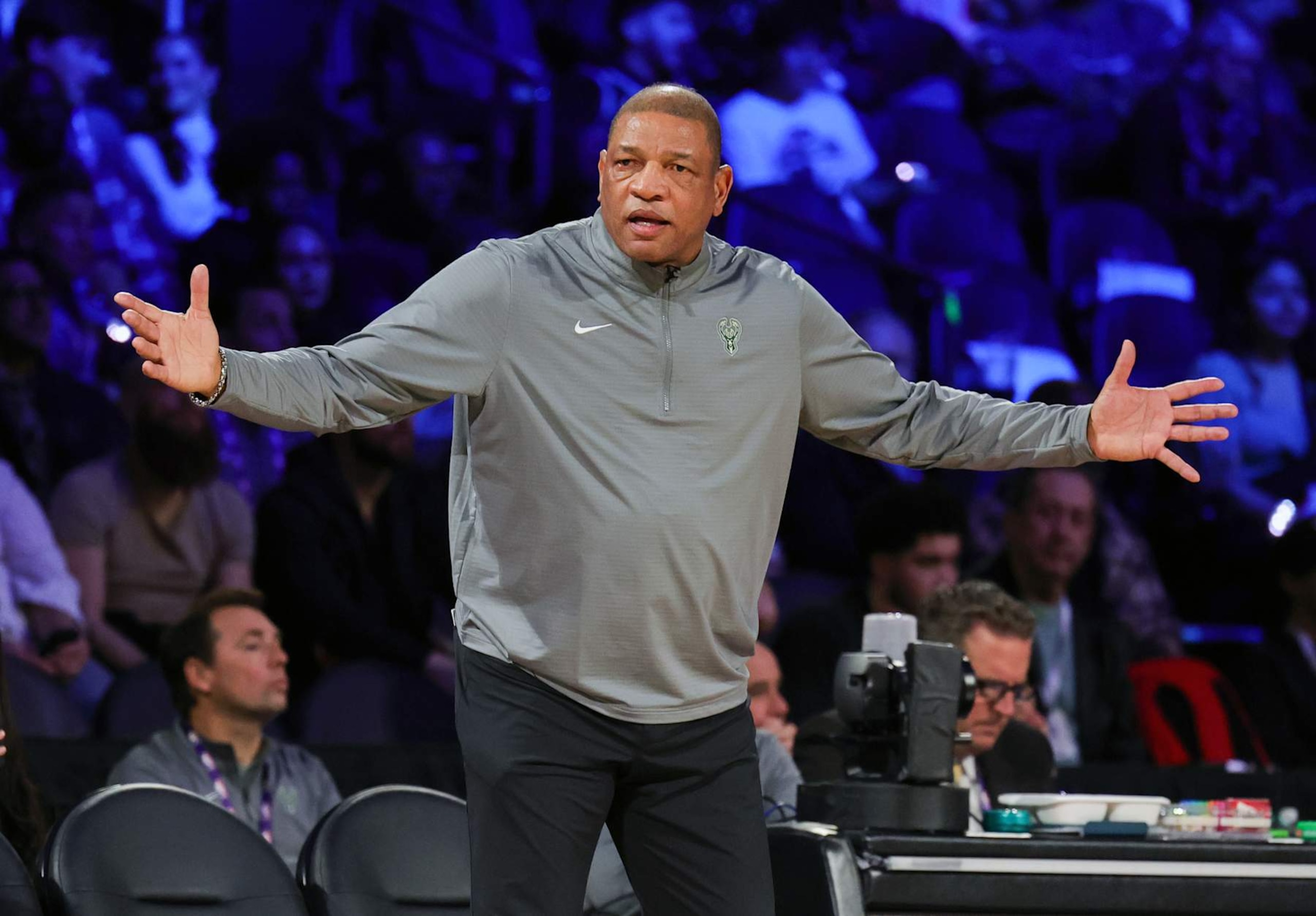 LAS VEGAS, NEVADA - DECEMBER 17: Head coach Doc Rivers of the Milwaukee Bucks reacts in the third quarter of the championship game of the Emirates NBA Cup against the Oklahoma City Thunder at T-Mobile Arena on December 17, 2024 in Las Vegas, Nevada. The Bucks defeated the Thunder 97-81. NOTE TO USER: User expressly acknowledges and agrees that, by downloading and or using this photograph, User is consenting to the terms and conditions of the Getty Images License Agreement. (Photo by Ethan Miller/Getty Images) LAS VEGAS, NEVADA - DECEMBER 17: Head coach Doc Rivers of the Milwaukee Bucks reacts in the third quarter of the championship game of the Emirates NBA Cup against the Oklahoma City Thunder at T-Mobile Arena on December 17, 2024 in Las Vegas, Nevada. The Bucks defeated the Thunder 97-81. NOTE TO USER: User expressly acknowledges and agrees that, by downloading and or using this photograph, User is consenting to the terms and conditions of the Getty Images License Agreement. (Photo by Ethan Miller/Getty Images)
