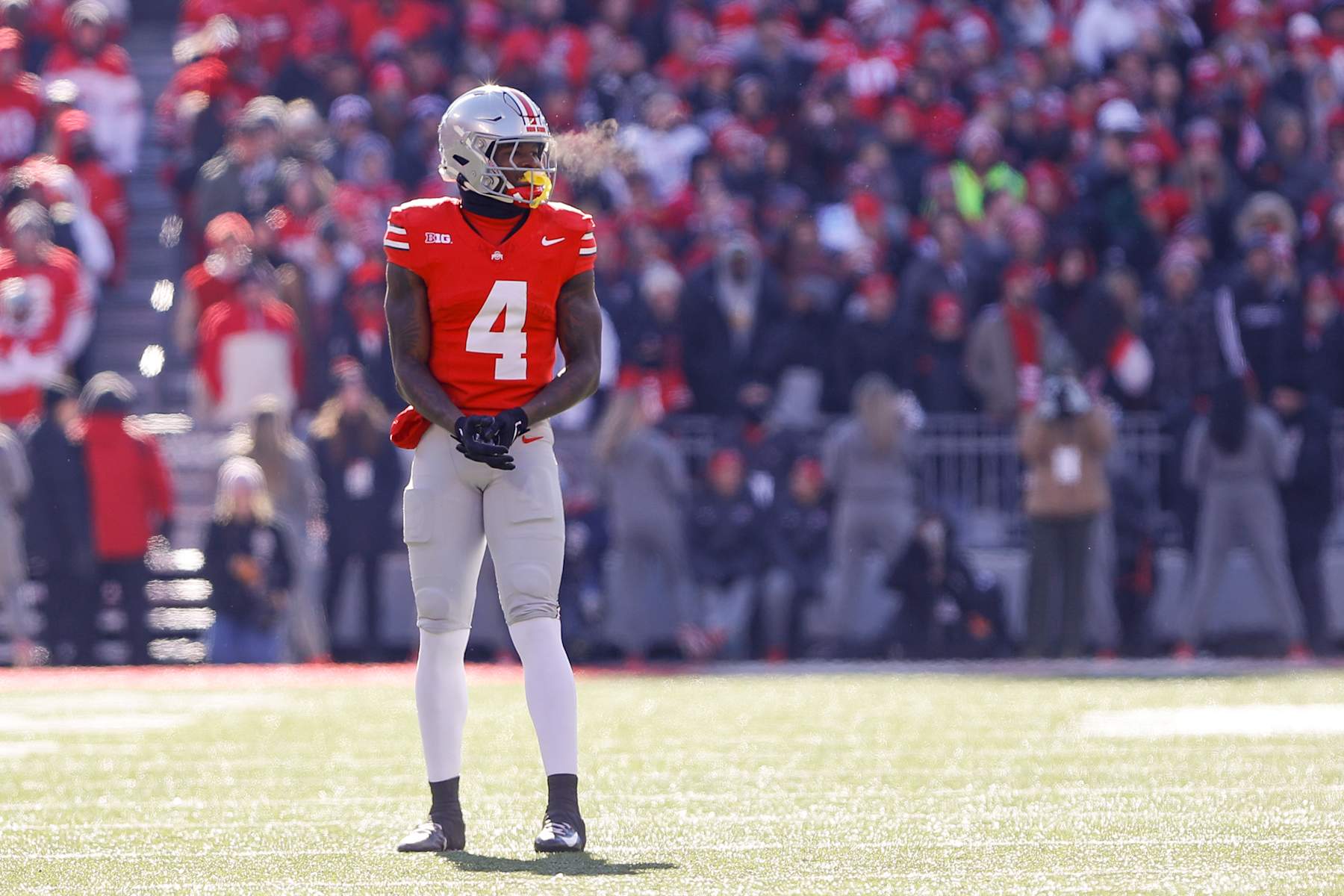 COLUMBUS, OH - NOVEMBER 30: Ohio State Buckeyes wide receiver Jeremiah Smith (4) lines up for a play during the game against the Michigan Wolverines and the Ohio State Buckeyes on November 30, 2024, at Ohio Stadium in Columbus, OH. (Photo by Ian Johnson/Icon Sportswire via Getty Images)