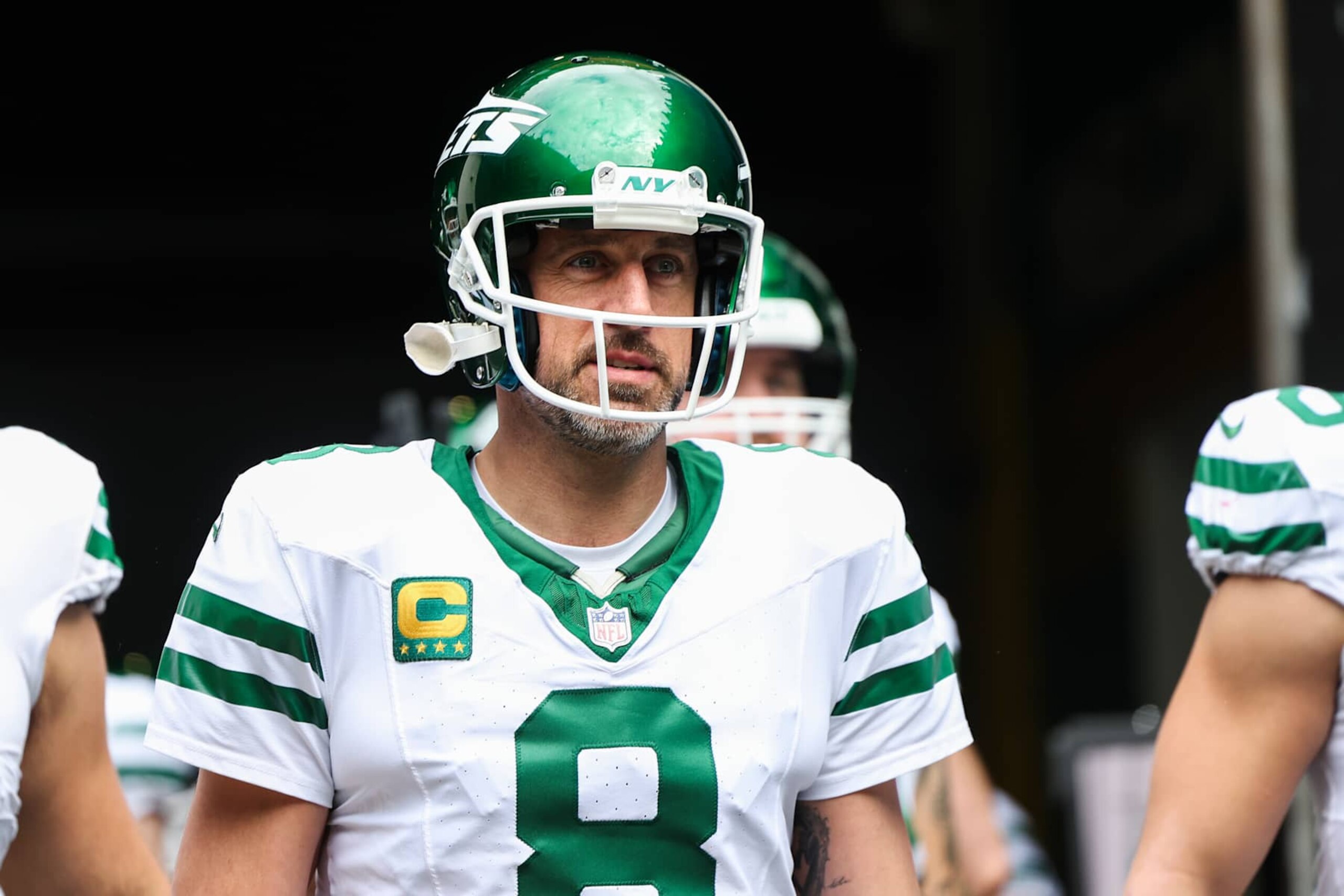 JACKSONVILLE, FLORIDA - DECEMBER 15: Aaron Rodgers #8 of the New York Jets walks out for warmups prior to an NFL football game against the Jacksonville Jaguars at EverBank Stadium on December 15, 2024 in Jacksonville, FL. (Photo by Perry Knotts/Getty Images)