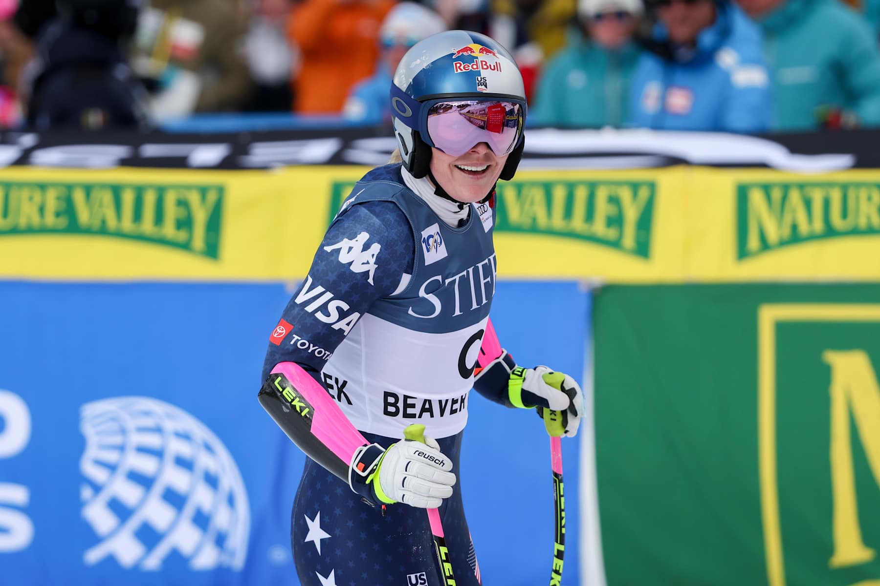 BEAVER CREEK, COLORADO - DECEMBER 15: Forerunner Lindsey Vonn of the United States reacts after skiing the Beaver Creek Women's Super G at Beaver Creek Resort on December 15, 2024 in Beaver Creek, Colorado. (Photo by Sean M. Haffey/Getty Images)
