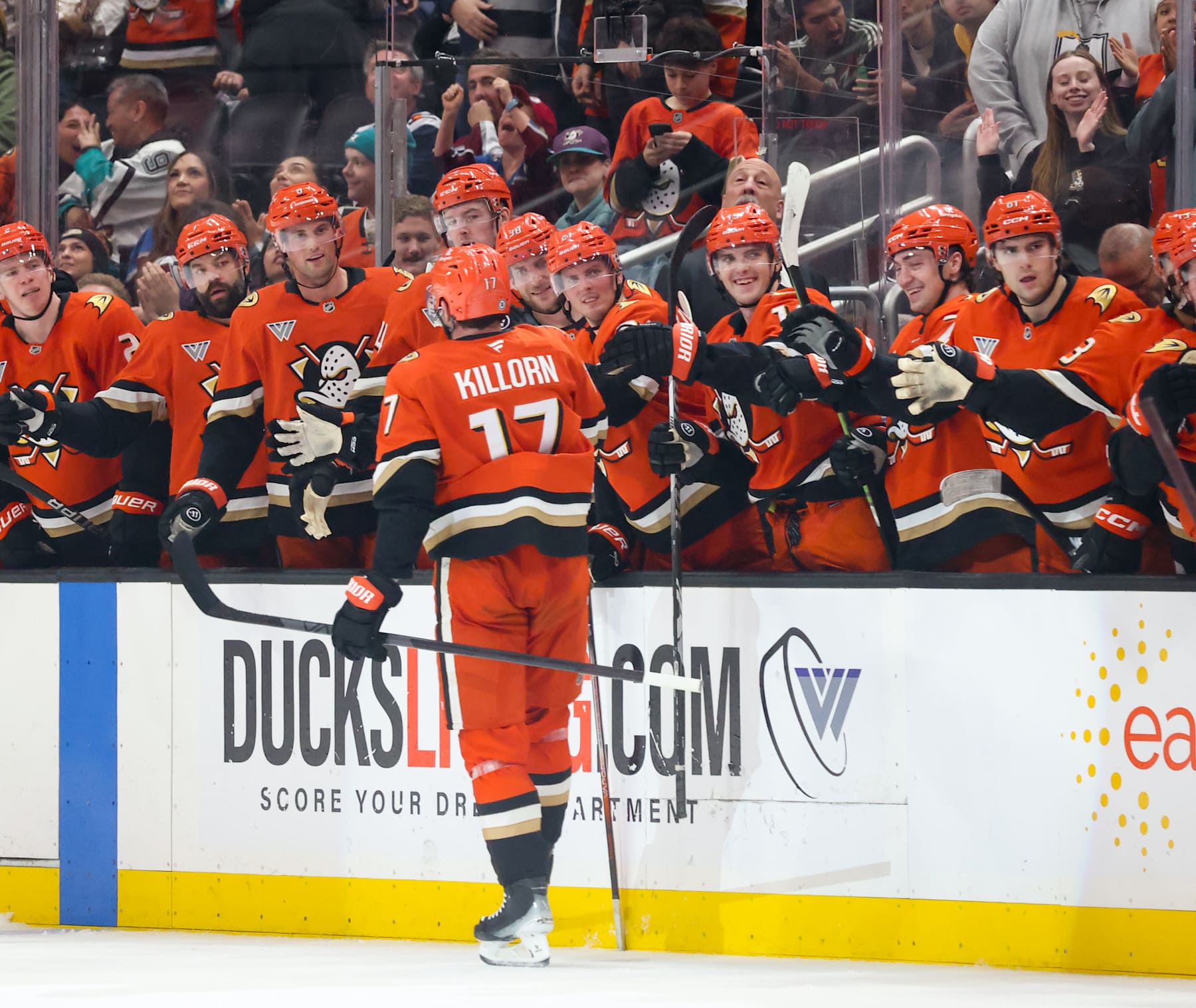 ANAHEIM, CA - DECEMBER 20:  Alex Killorn #17 of the Anaheim Ducks celebrates his goal with teammates during the third period against the Colorado Avalanche at Honda Center on December 20, 2024 in Anaheim, California. (Photo by Debora Robinson/NHLI via Getty Images)