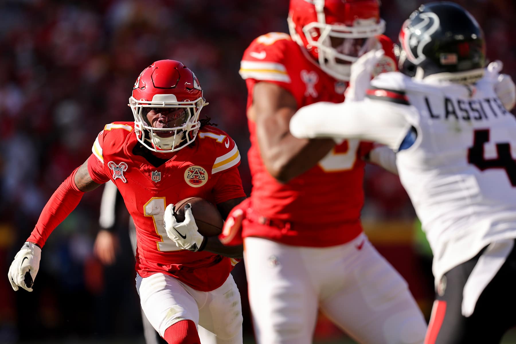 KANSAS CITY, MISSOURI - DECEMBER 21: Xavier Worthy #1 of the Kansas City Chiefs runs after a catch in the second quarter of a game against the Houston Texans at GEHA Field at Arrowhead Stadium on December 21, 2024 in Kansas City, Missouri. (Photo by David Eulitt/Getty Images)