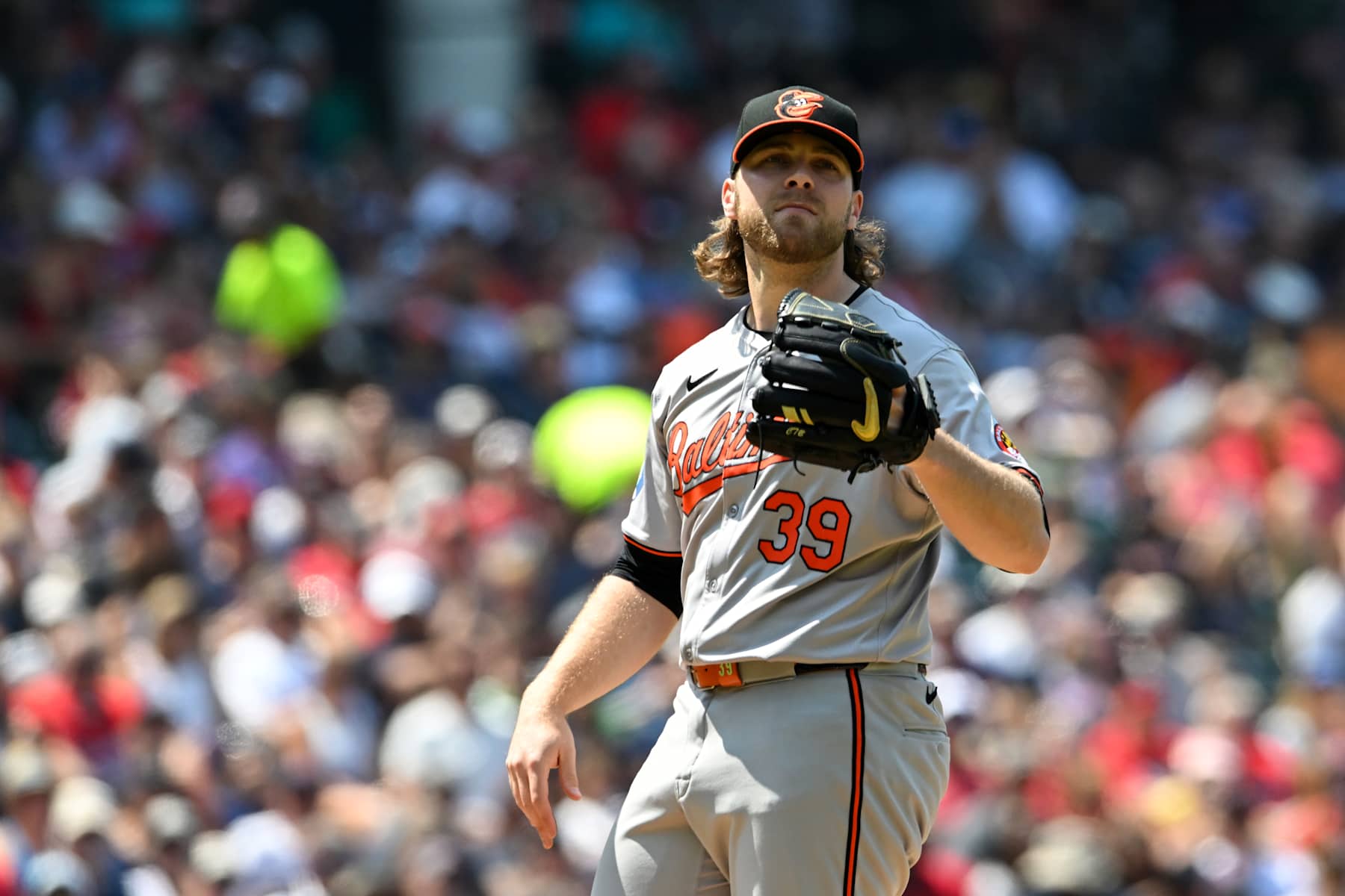CLEVELAND, OHIO - AUGUST 04: Corbin Burnes #39 of the Baltimore Orioles looks on during the third inning against the Cleveland Guardians at Progressive Field on August 04, 2024 in Cleveland, Ohio. (Photo by Nick Cammett/Diamond Images via Getty Images)