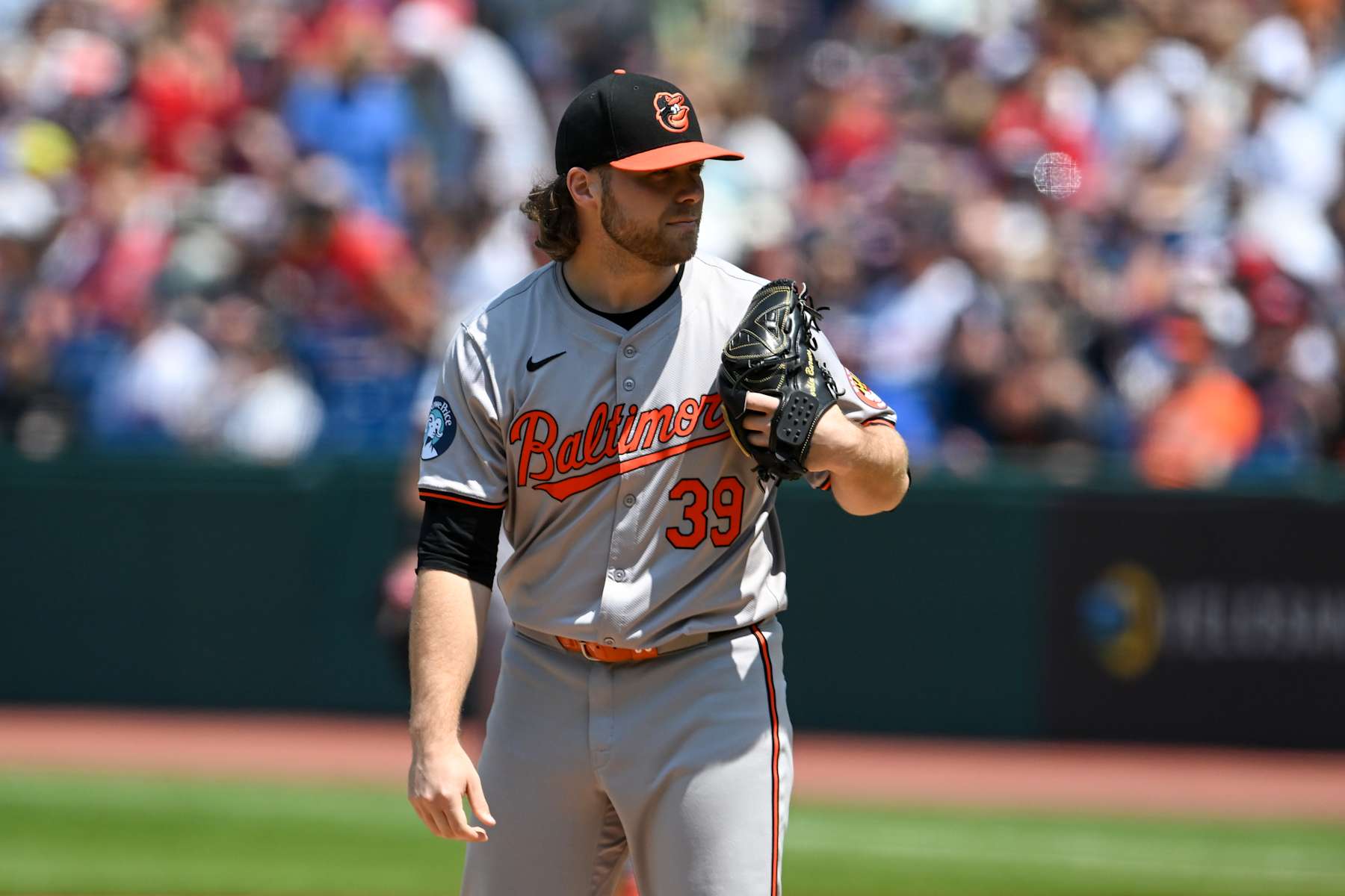 CLEVELAND, OHIO - AUGUST 04: Corbin Burnes #39 of the Baltimore Orioles prepares to pitch during the first inning against the Cleveland Guardians at Progressive Field on August 04, 2024 in Cleveland, Ohio. (Photo by Nick Cammett/Diamond Images via Getty Images)