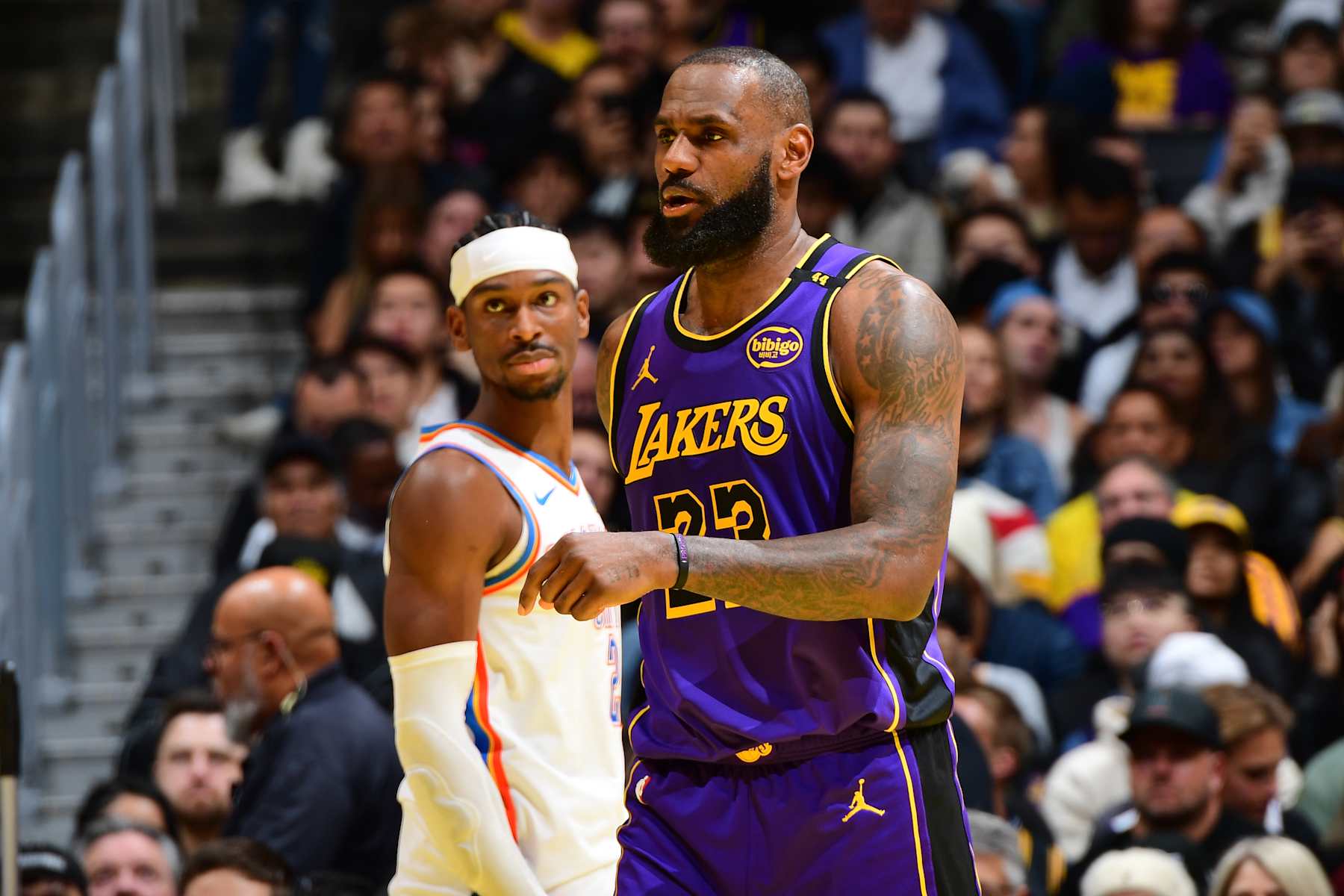LOS ANGELES, CA - NOVEMBER 29: LeBron James #23 of the Los Angeles Lakers looks on during the game against the Oklahoma City Thunder during a Emirates NBA Cup game on October 22, 2024 at Crypto.Com Arena in Los Angeles, California. NOTE TO USER: User expressly acknowledges and agrees that, by downloading and/or using this Photograph, user is consenting to the terms and conditions of the Getty Images License Agreement. Mandatory Copyright Notice: Copyright 2024 NBAE (Photo by Adam Pantozzi/NBAE via Getty Images)