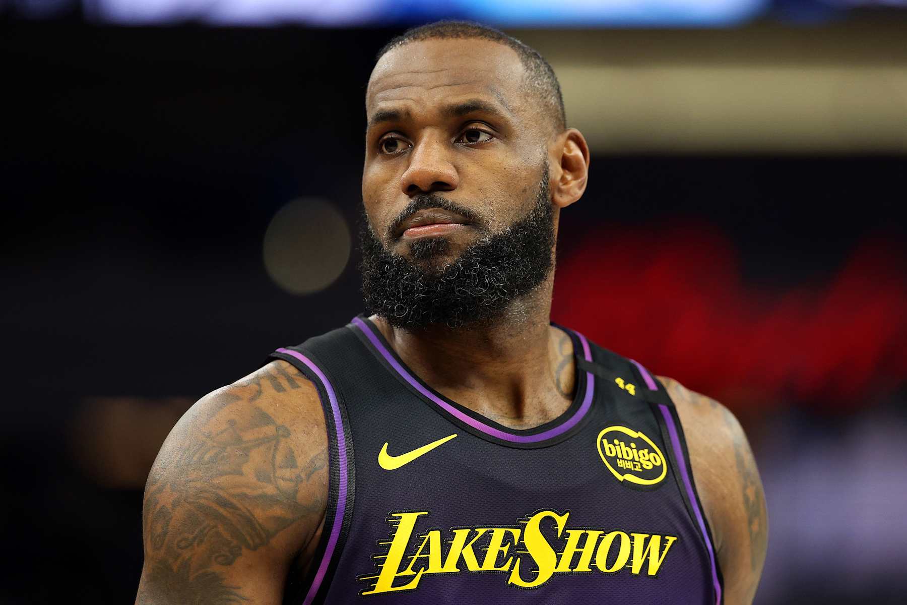 MINNEAPOLIS, MINNESOTA - DECEMBER 02: LeBron James #23 of the Los Angeles Lakers looks on against the Minnesota Timberwolves in the first quarter at Target Center on December 02, 2024 in Minneapolis, Minnesota. The Timberwolves defeated the Lakers 109-80. NOTE TO USER: User expressly acknowledges and agrees that, by downloading and or using this photograph, User is consenting to the terms and conditions of the Getty Images License Agreement. (Photo by David Berding/Getty Images)